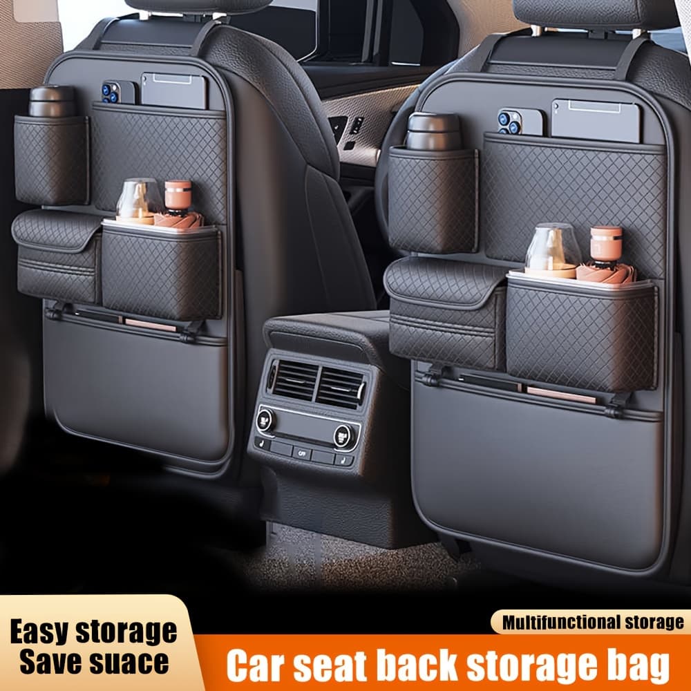 [Stylish Car Organizer] 1pc Faux Leather Car Seat Back Organizer with Diamond Pattern | Multi-Compartment Storage Bag for Water Bottles, Tablets, Laptops, and Accessories - Black, Backseat Organizer - Image 1