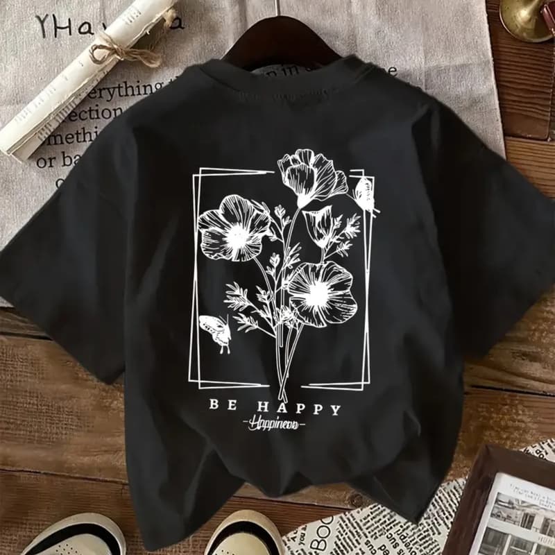 Women'S Black Short-Sleeve T-Shirt - Soft Everyday Casual Tee with Minimalist Floral design, Machine Washable Everyday Basic Top for Women - Spring/Summer Wardrobe Essential, Ladies T Shirts, Spring Summer Apparel, Artistic Graphic Shirt, Comfortable Fit Shirt, Spring Fashion, Relaxed Style, Breathable Material, Printed Shirt, Trendy Women