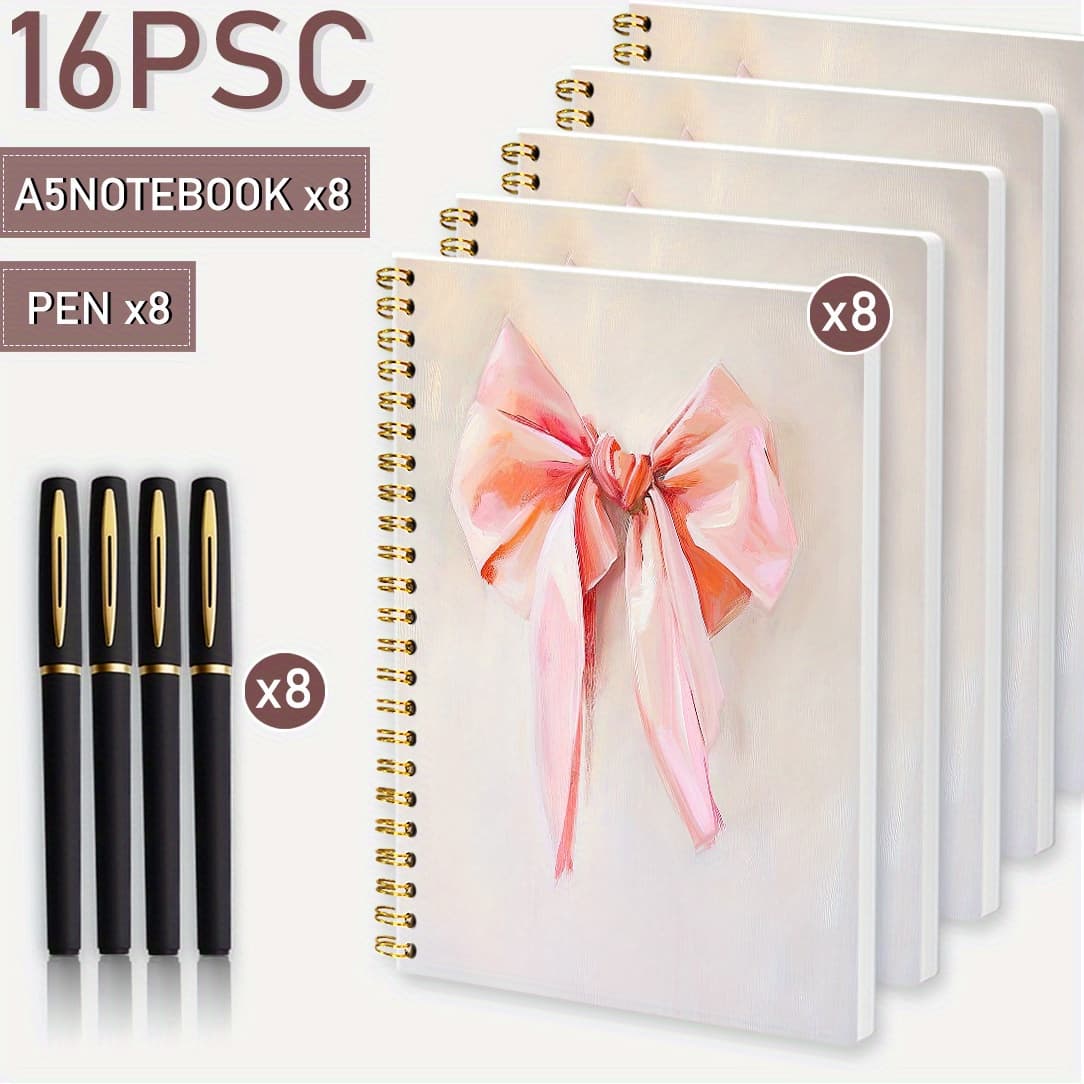 4pcs/ 10pcs/ 16pcs, A5 Sweet Bow Themed Hardcover Spiral Notebook, Unisex, College Ruled Pages, Metal Coil Binding, Ideal for Work Notes and Personal Records, 5.7x 8.3 Inches