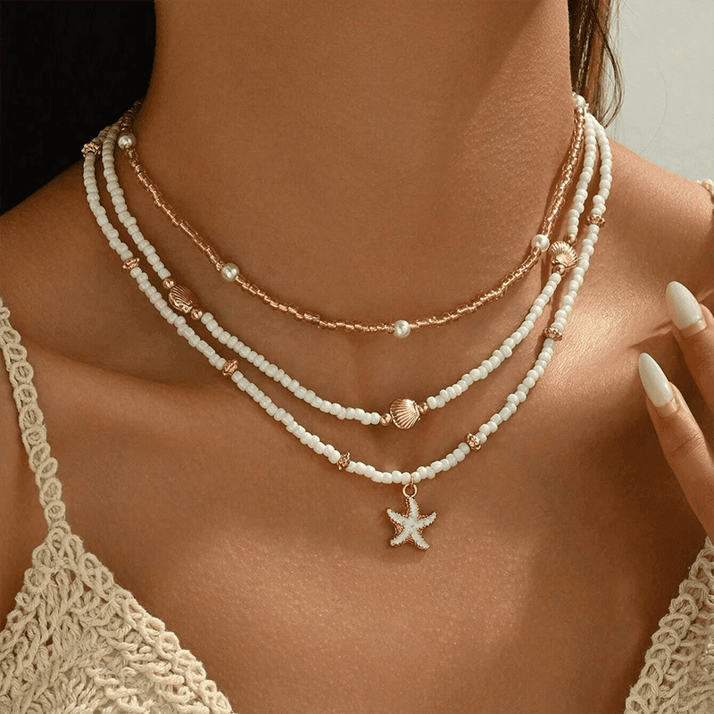 3pcs Layered Necklace Set for Women - Seaside Shell & Starfish Pendant, Glass Bead Choker with Golden Accents, Perfect for Summer Beach Vacation, Beach Accessories|Seaside Themed Jewelry|Glass Bead Choker - Image 1