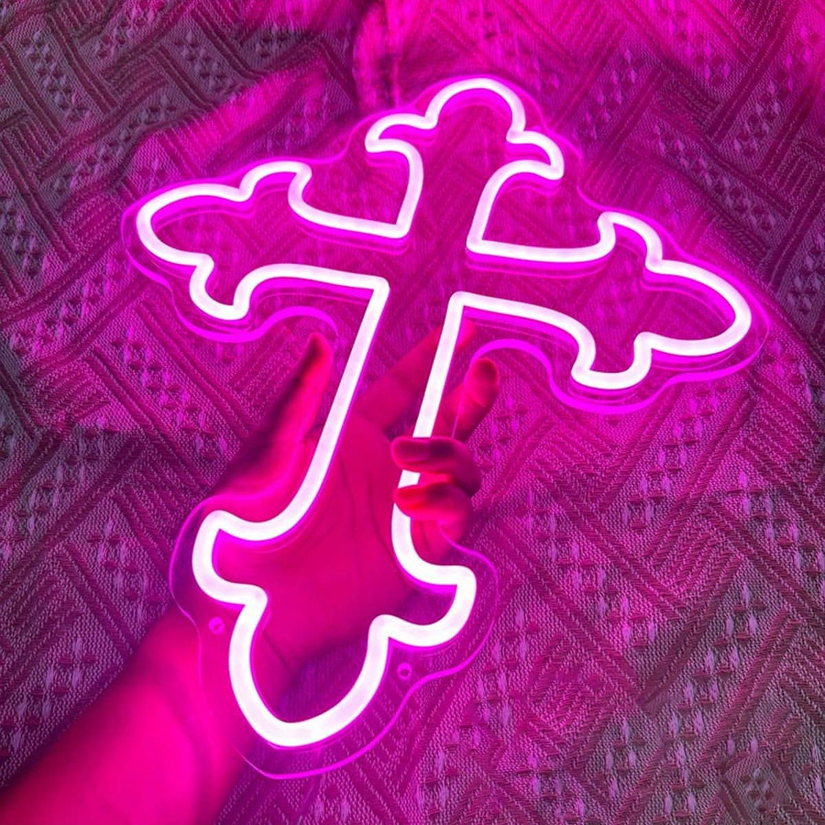 [LED Neon Cross] 12 Color LED Neon Cross Sign | USB-Powered, Easy to Hang, Decorative Lace Design for Home, Office, and Party Decor - Ideal for Christmas, Birthday, Wedding, Anniversary Celebrations, Neon Signs for Wall Decor