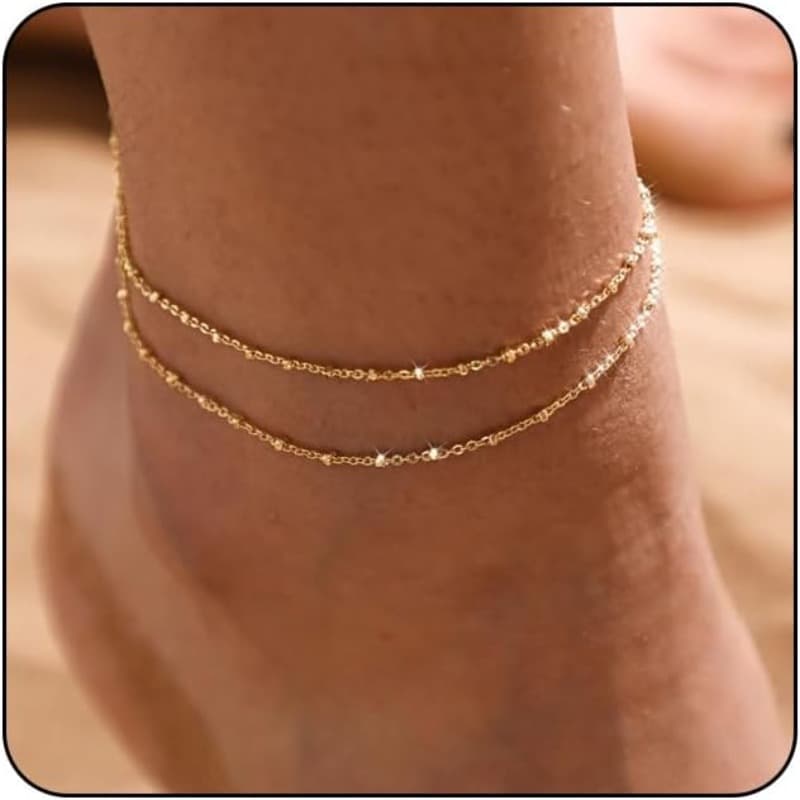 [Golden Anklet] Waterproof Golden Anklets for Women | Cuban Link Heart Beads Herringbone Rhinestone Anklets Set Layered Anklet Bracelets, Golden Jewelry Gift
