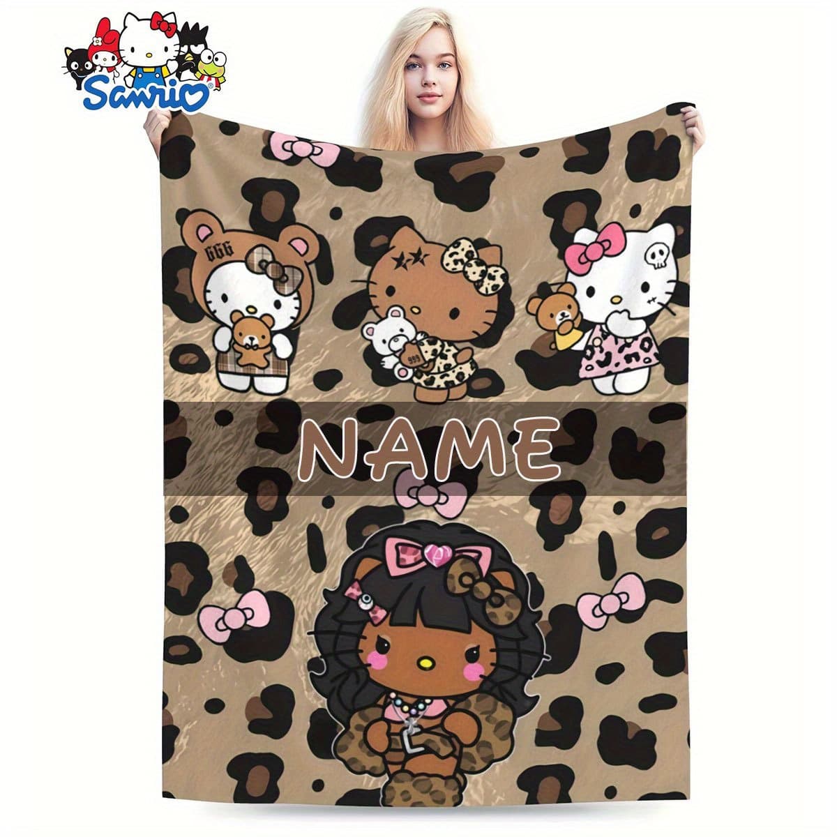 1pc Sanrio Hello Kitty Personalized Custom Name/Text - Leopard Print with Hello Kitty Faces, Beige & Brown Birthday/Valentine's Gift - Soft Flannel Blanket (280gsm) for Girls, Women, Home, Travel, Car, Office - All-Season Use, Cartoon Character Design, Cozy Warm Fabric - Image 1