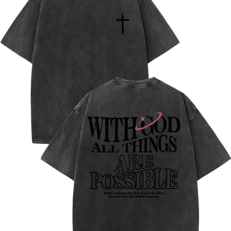 Men's Christian Faith-Inspired Oversized T-Shirt - 100% Cotton Washed Vintage Look with Matthew 19:26 Bible Verse & Cross Print, Casual Streetwear Round Neck Short Sleeve Tee for Casual Attire, Church Events & Religious Gatherings, Double-Sided Letter Pattern, Relaxed Fit, Machine Washable, All-Season Comfort, Light Grey with Black Cross Design, Distressed Washed Aged Batik Style
