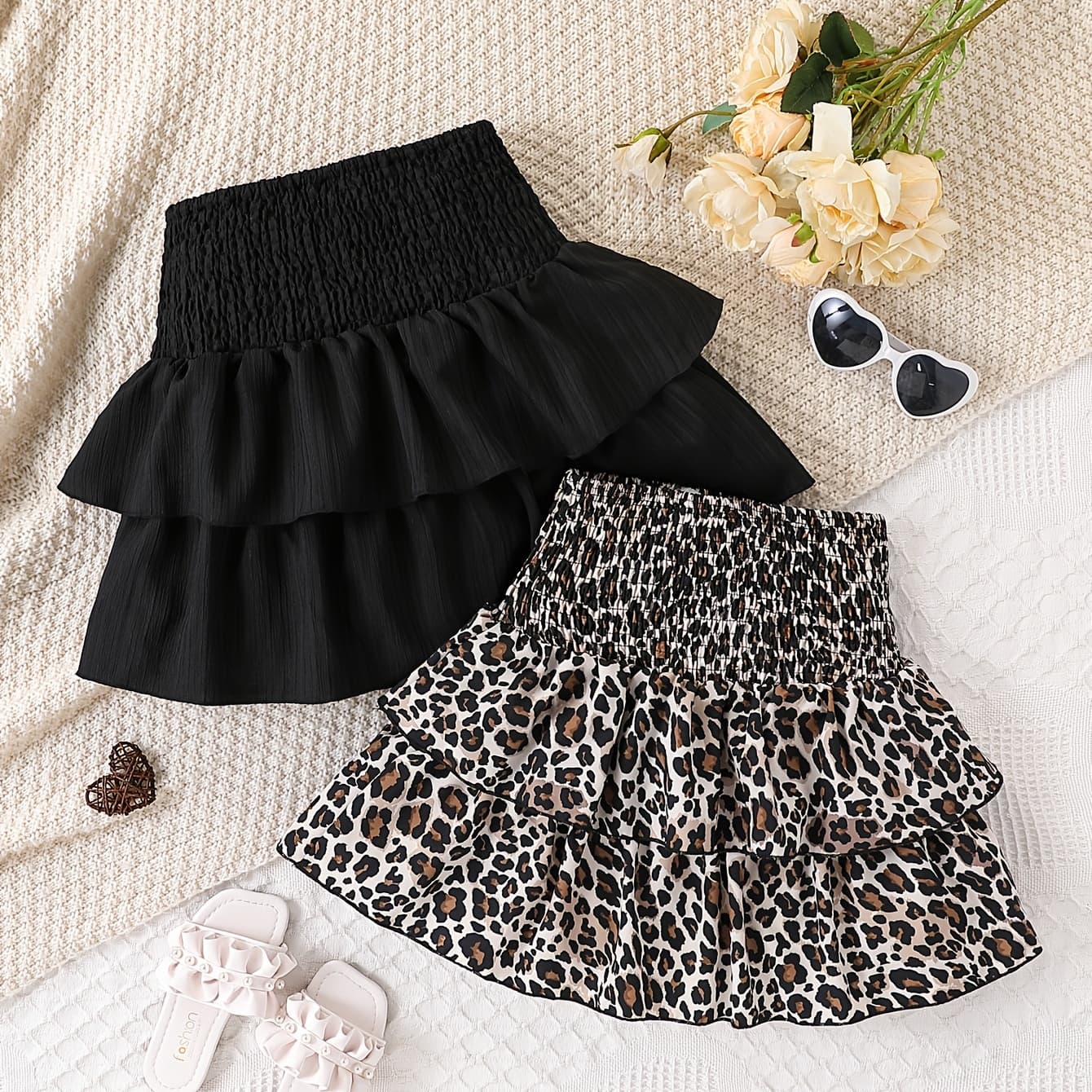 ' Fashion Sweet And Cool Solid Color Leopard Print High-Waisted Layered Cake Skirt Suitable for Spring And Summer, Versatile Puff Skirt & Two-Piece Set for Ages 8-12.