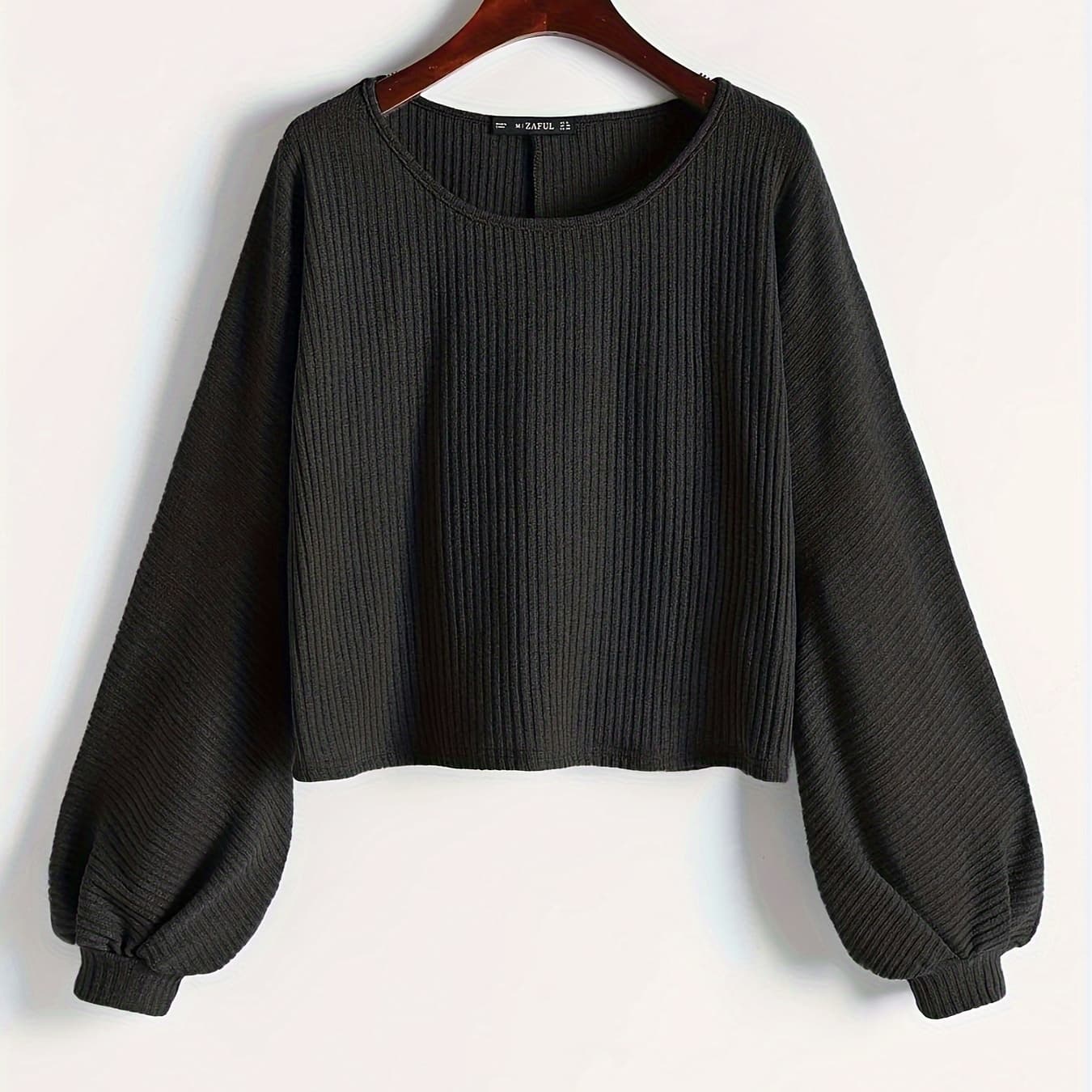 [Viscose Crop Top] Soft Viscose Blend Women's Ribbed Crop Top - Long Sleeve Pullover | Casual Round Neck, Machine Washable, All-Season Comfort Fit with Drawstring