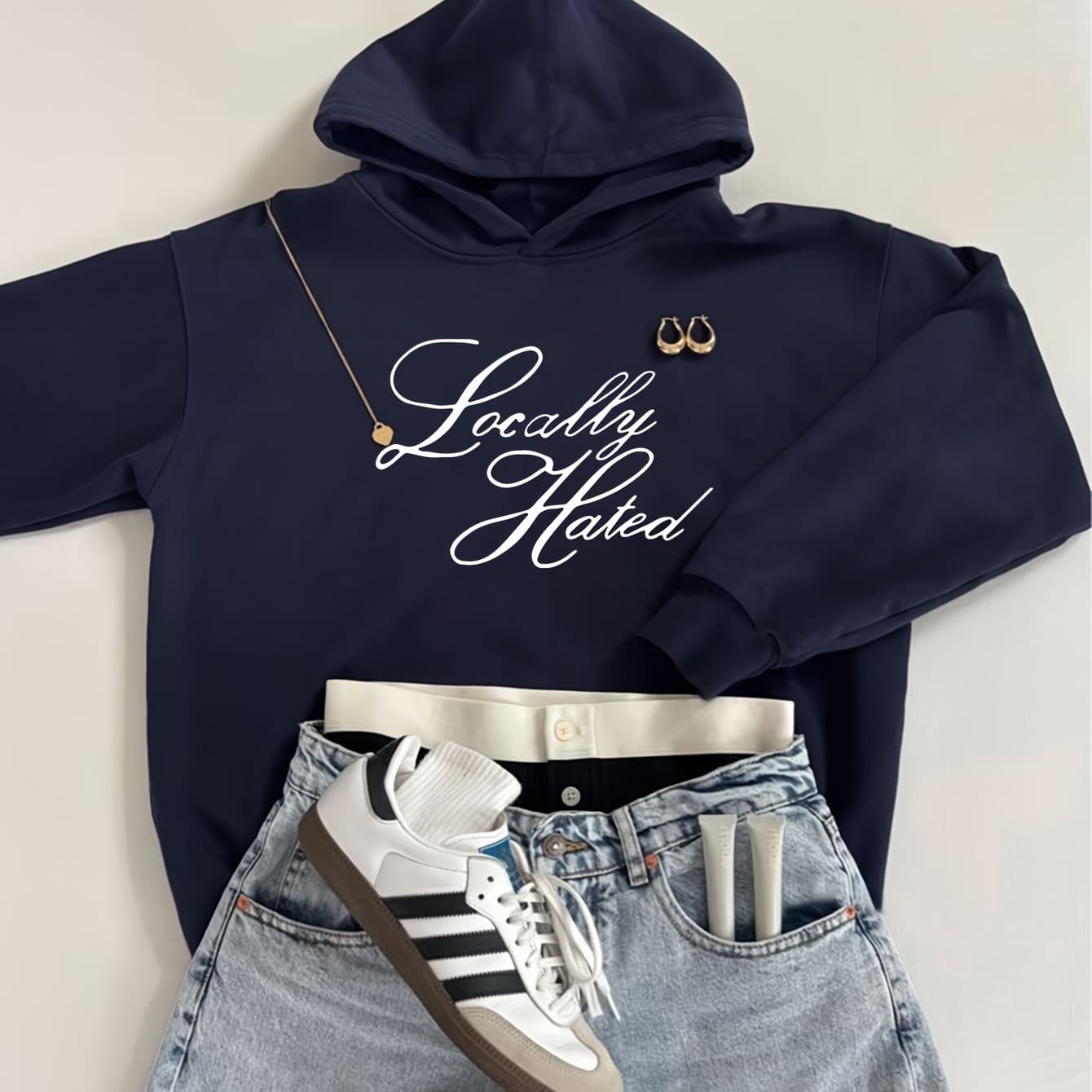Women's Navy Blue Hoodie - Long Sleeve Pullover Sweatshirt with Drawstring Hood, Medium Stretch Fabric for Everyday Casual & Formal Outfits - Machine Washable Women's Tops, Versatile Clothing, Hooded Sweatshirt