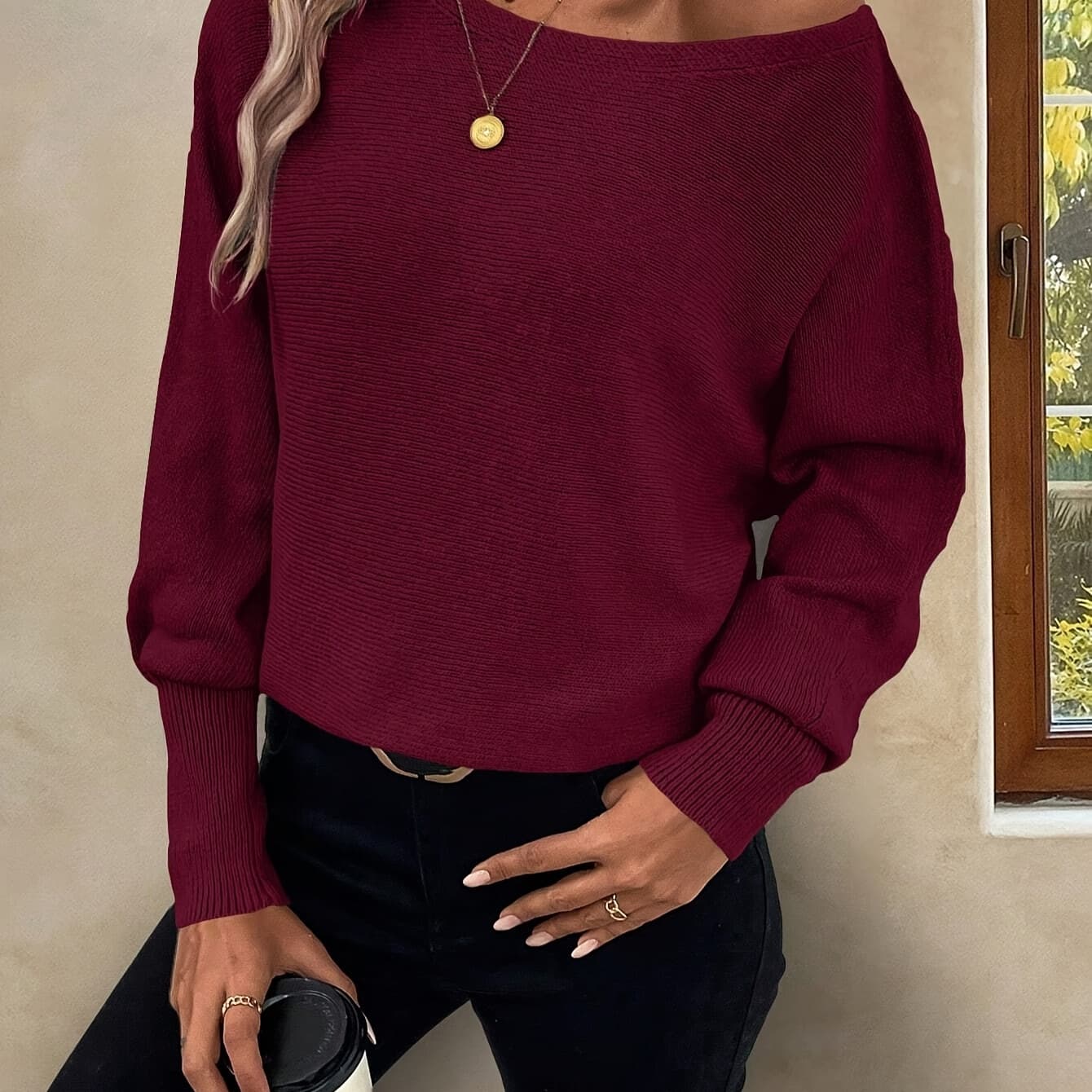 Women'S Off-Shoulder Sweater with Batwing Sleeves - Elegant Maroon Top, Loose Fit, Fall/Winter Style, Casual Attire|Elegant Offshoulder Top|Cozy Fabric