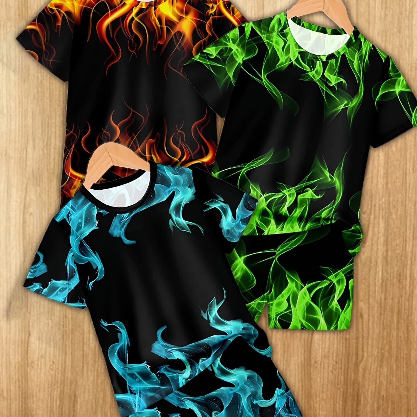 [Comfy | Polyester] 6pcs Boys' Comfy Polyester 3D Flame Print Casual Outfit - T-Shirts & Shorts Set | Vibrant Colors, Machine Washable | Perfect for Summer Play, Boy Clothes, Outdoor