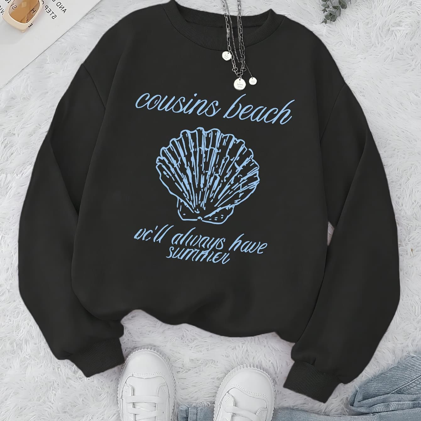 Women'S Casual Crew Neck Sweatshirt, Beige with Blue Beach Print, "Cousin'S Beach" Design, Long Sleeve Pullover for Fall & Winter, Cozy Polyester Fabric, Casual Wear | Relaxed Fit Sweatshirt | Construction, Beach Clothes