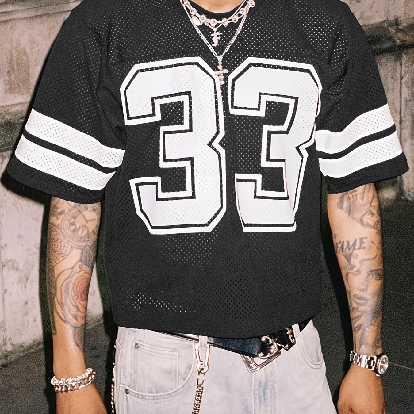 [Men's Summer Baseball Jersey] Lightweight Polyester Men's Summer Baseball Jersey T-Shirt | Loose Fit, Casual Sporty Mesh Print Top with "33" Design, Black & White Striped Sleeves, for Outdoor Activities - Image 1