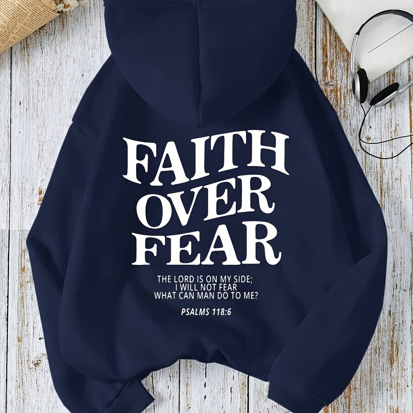 [Cozy Faith Over Fear Hoodie] Women's Cozy "Faith Over Fear" Graphic Hoodie - Navy Blue Pullover with Pockets, Long Sleeves, and Drawstring Collar | Relaxed Fit | Perfect for Fall/Winter Casual Wear