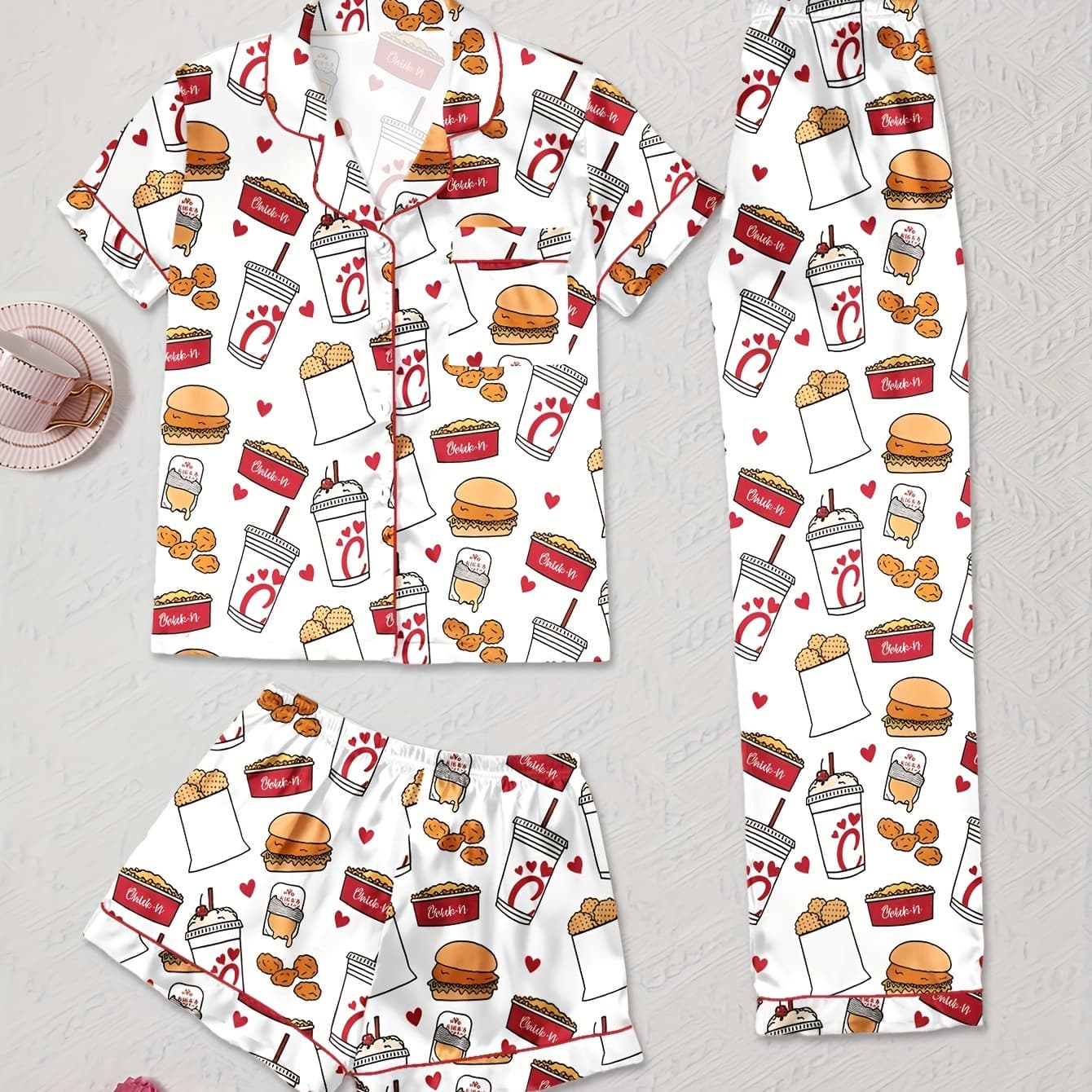 Chic Set, Colorful Fabric Summer Wear, Cheetah Chicken Wings Burger Print Three-Piece Pajama and Loungewear