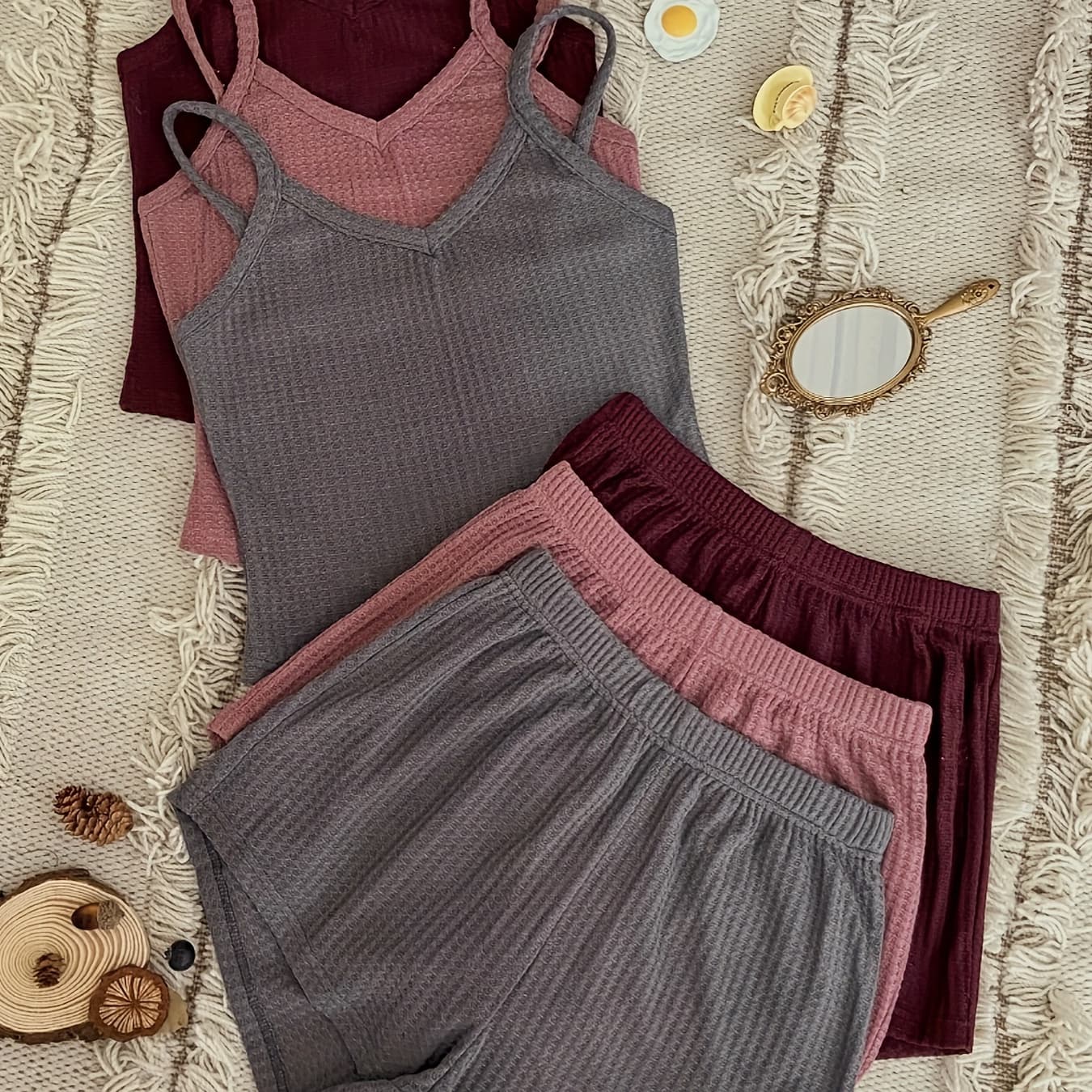 3 Sets Women's Casual Pajamas Set, Plus Size Solid Waffle Knit V Neck Cami Top & Shorts Lounge 6 Piece Set