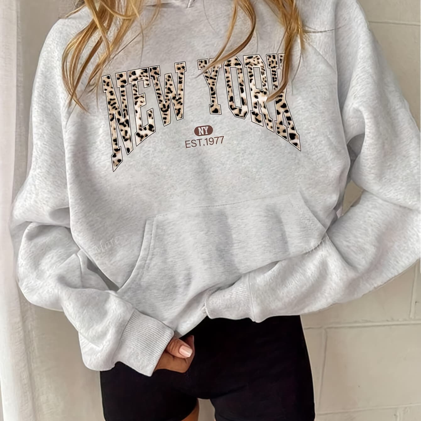 Women's Casual Leopard Print Letter Dropped Shoulder Hooded Sweatshirt, Autumn