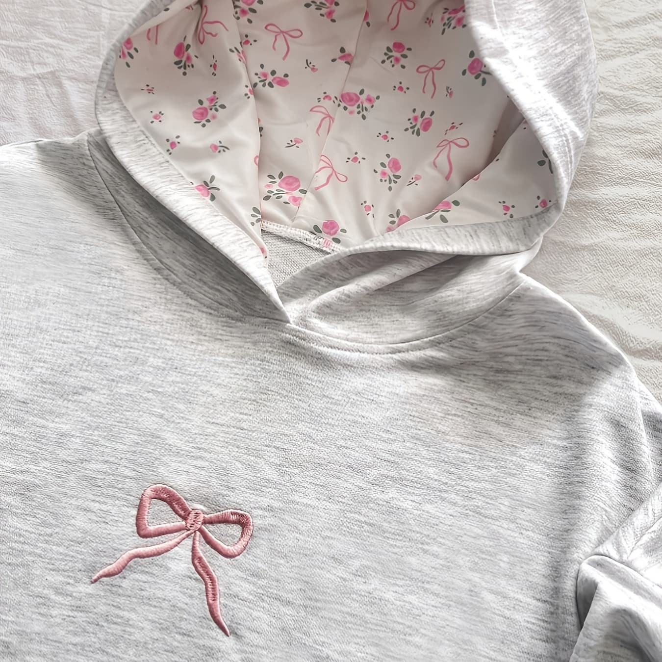 Cozy Gray Hoodie with Pink Bow & Floral Embroidery - Y2K Style, Long Sleeve Pullover for Women, Perfect for Back to, Graduation, or Teacher Outfits, Casual Wear Hoodie|Y2K Fashion Hoodie|Comfortable Fit