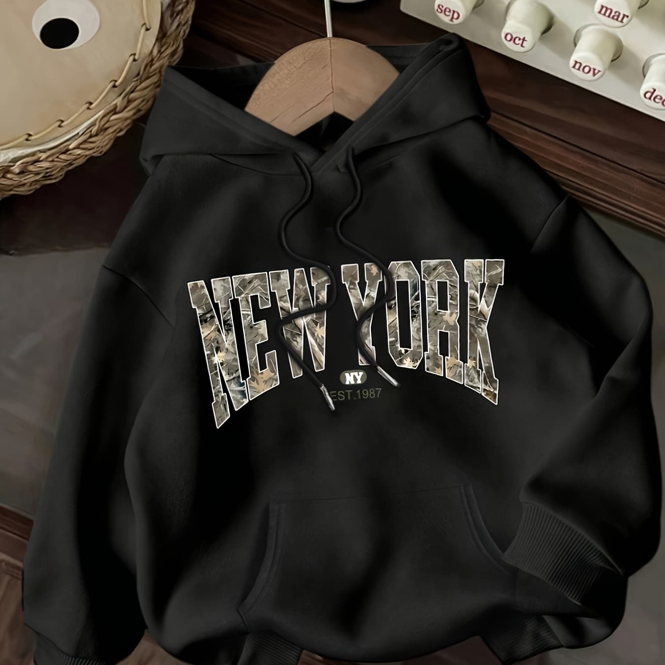 [Cozy NY Hoodie] Cozy Black NY Graphic Hoodie | Women's Casual Pullover Sweatshirt with Kangaroo Pocket, Long Sleeve, Fall/Winter Wear, Polyester, Machine Washable, Sweater Hoodie, Bold "NEW YORK" Print - Image 1