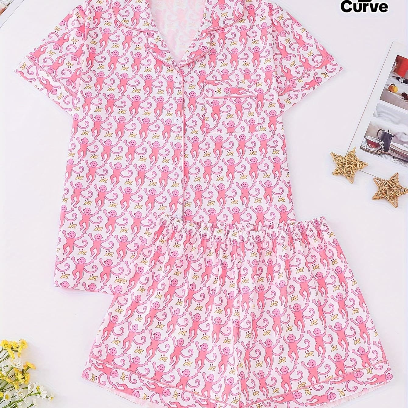 Plus Size Casual Pajama Set, Women's Cartoon Monkey Print Short Sleeve Button Up Shirt & Shorts Lounge 2 Piece Set