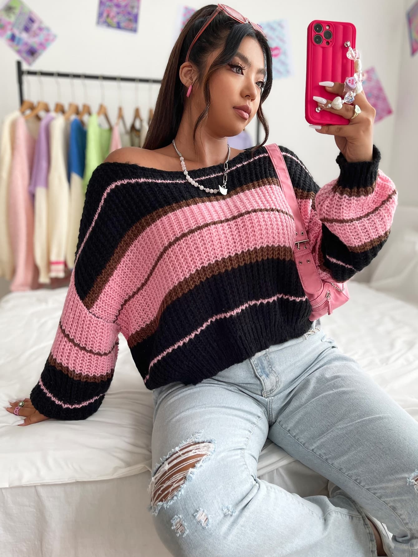 SHEIN Qutie Plus Size Women's Casual Off-Shoulder Color Block Striped Sweater, Autumn Winter - Image 1