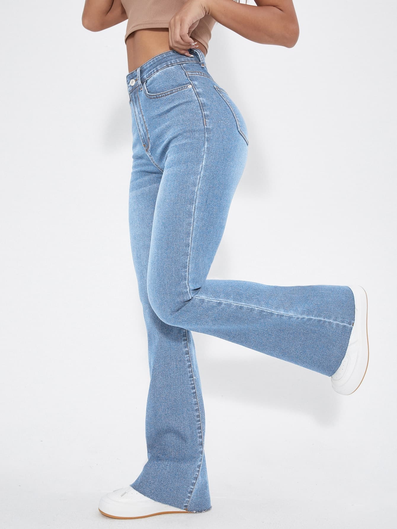 SHEIN EZwear Washed Denim Blue High Waist Flare Leg Jeans,Ladies Casual Button,Pocket,Zipper High Waist Flare Leg Long Medium Wash Regular Fit Women Jeans,Spring/Fall,Casual Daily Wear - Image 1