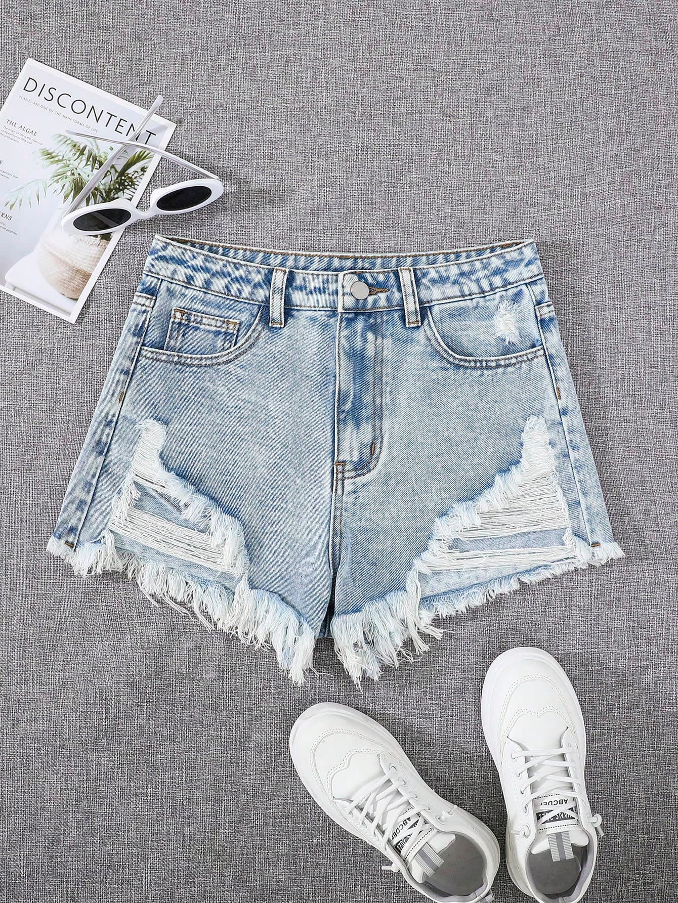 SHEIN Teen Girls Ripped Raw Hem Denim Shorts - Image 1
