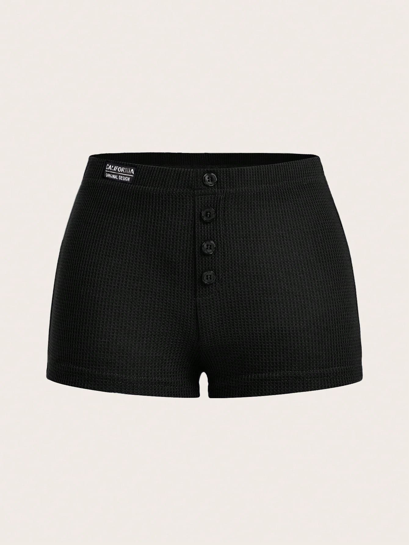SHEIN ICON Letter Patched Button Detail Waffle Knit Black Shorts - Image 1