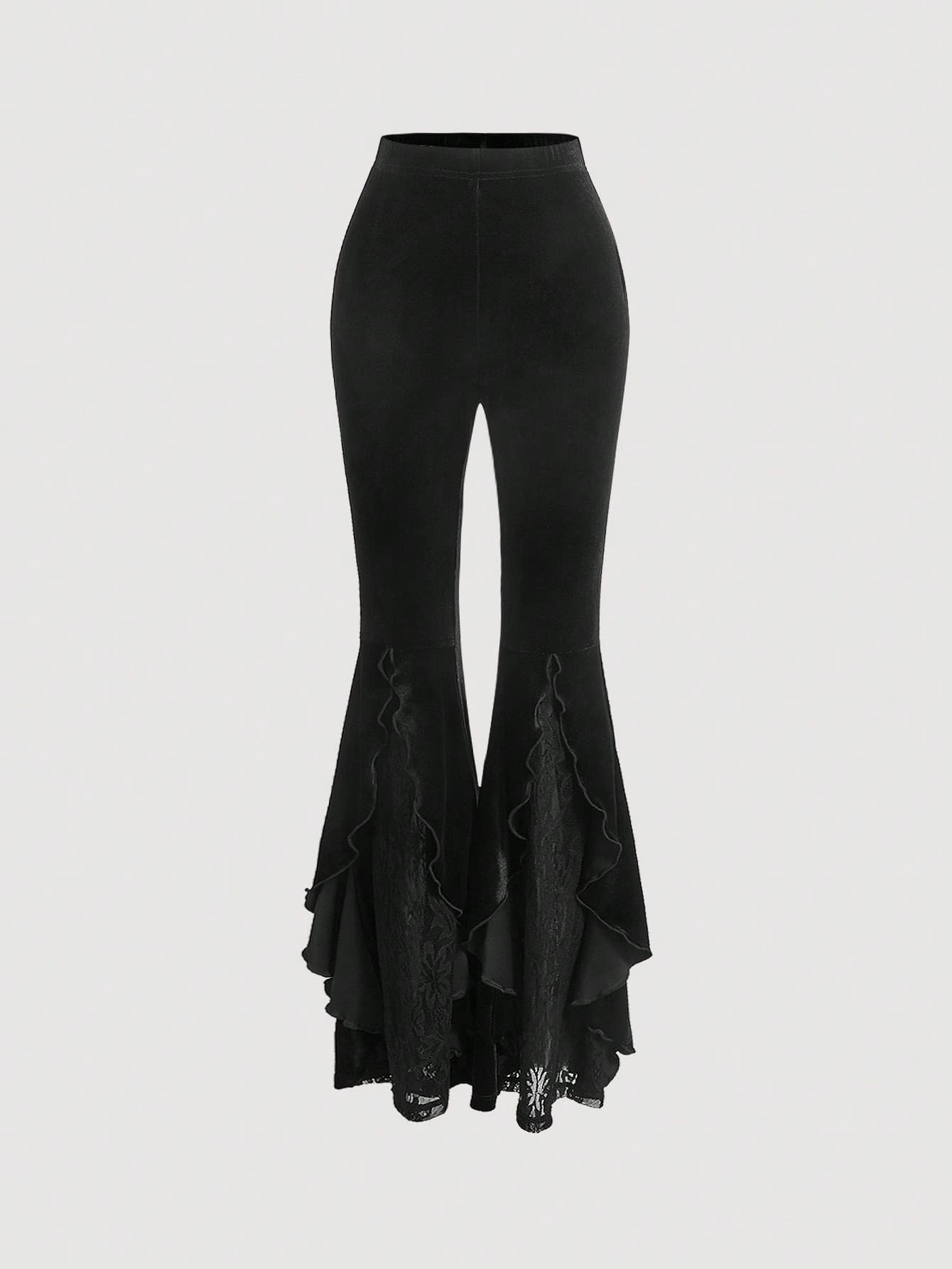 SHEIN MOD Black Date Night Romantic Contrast Lace Ruffle Trim Velvet Flare Leg Pants - Image 1