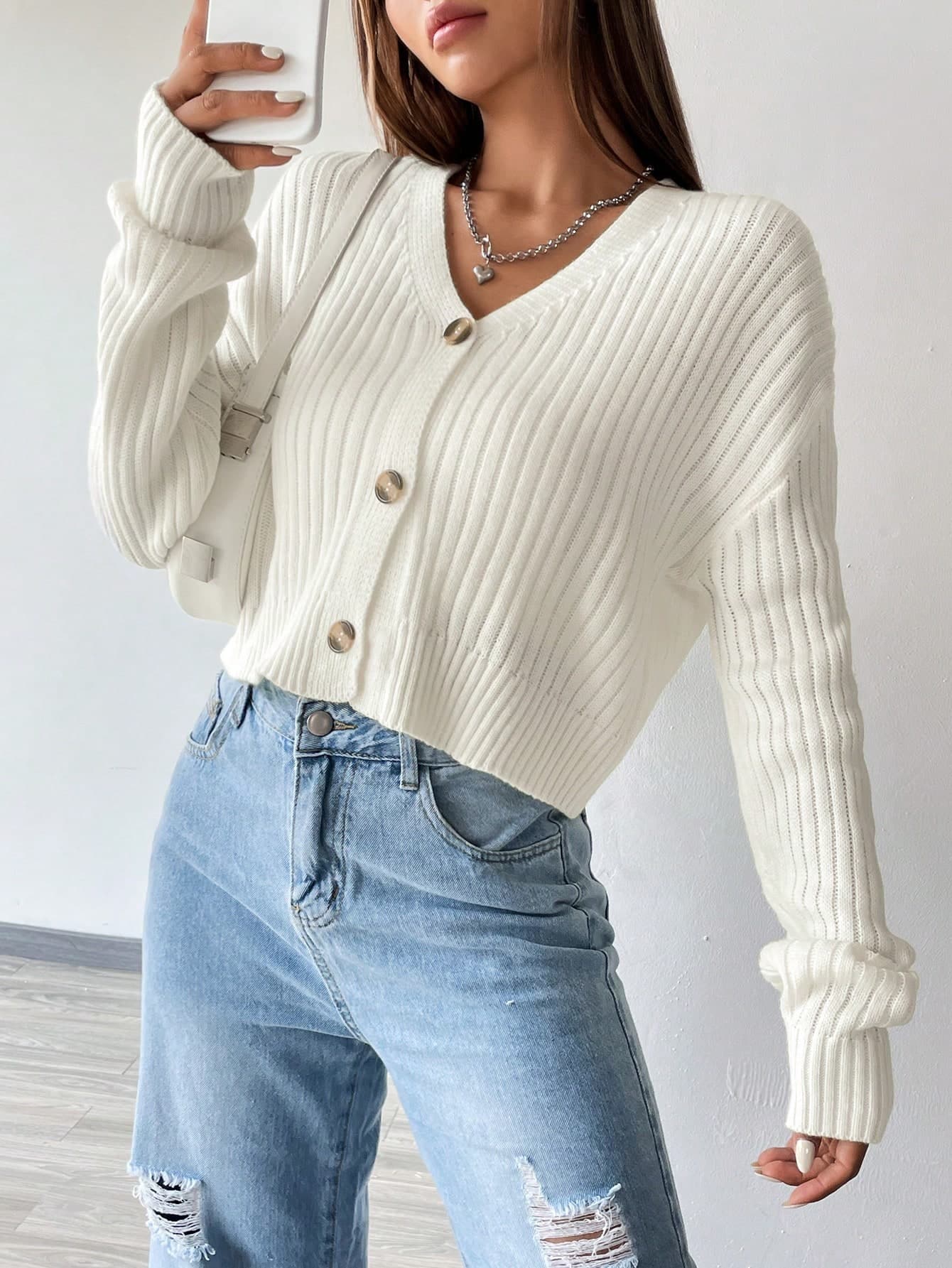 SHEIN MOOSTA Drop Shoulder Ribbed Knit Drop Shoulder Cardigan - Image 1