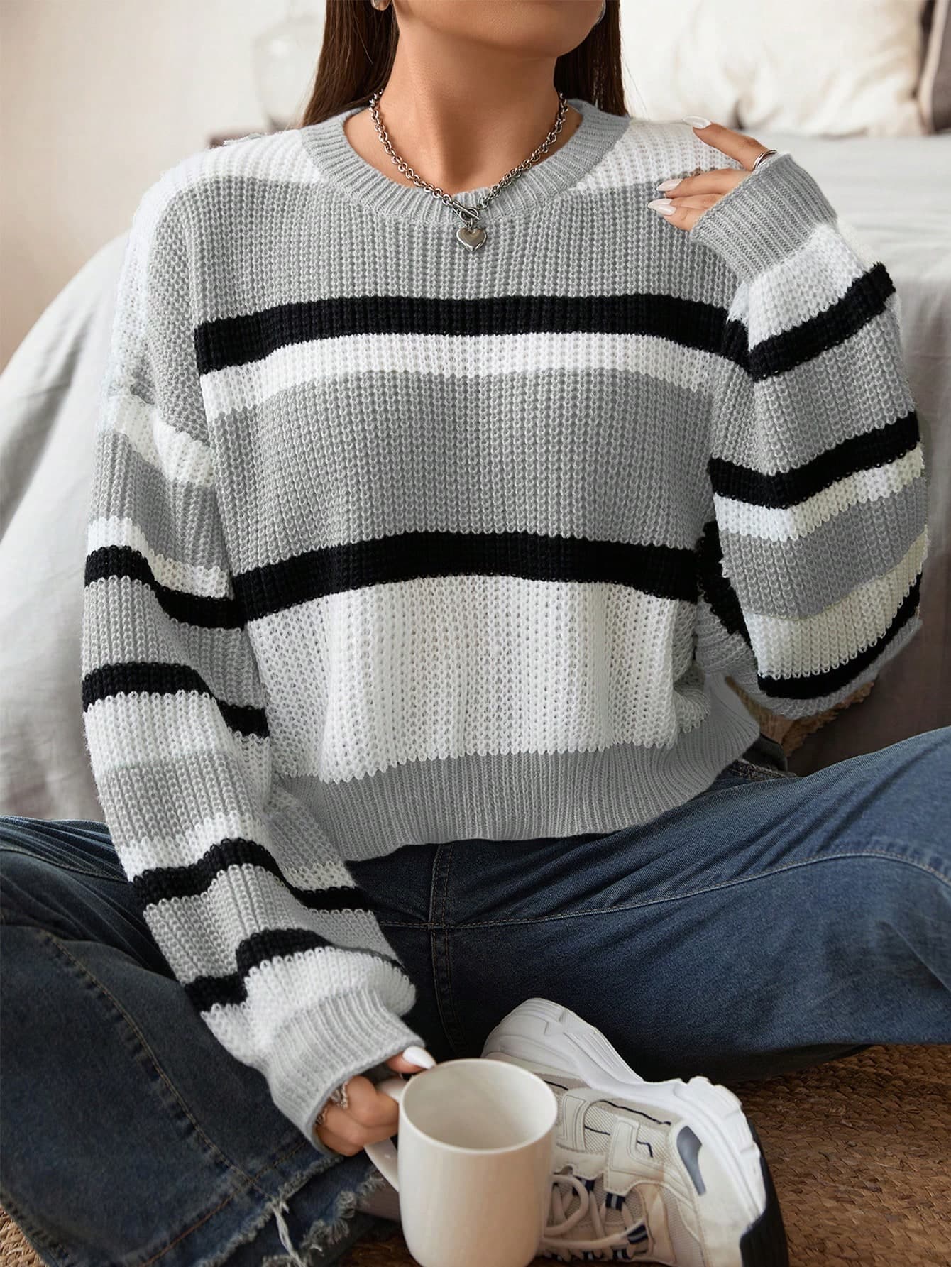 SHEIN EZwear Plus Striped Pattern Drop Shoulder Sweater - Image 1