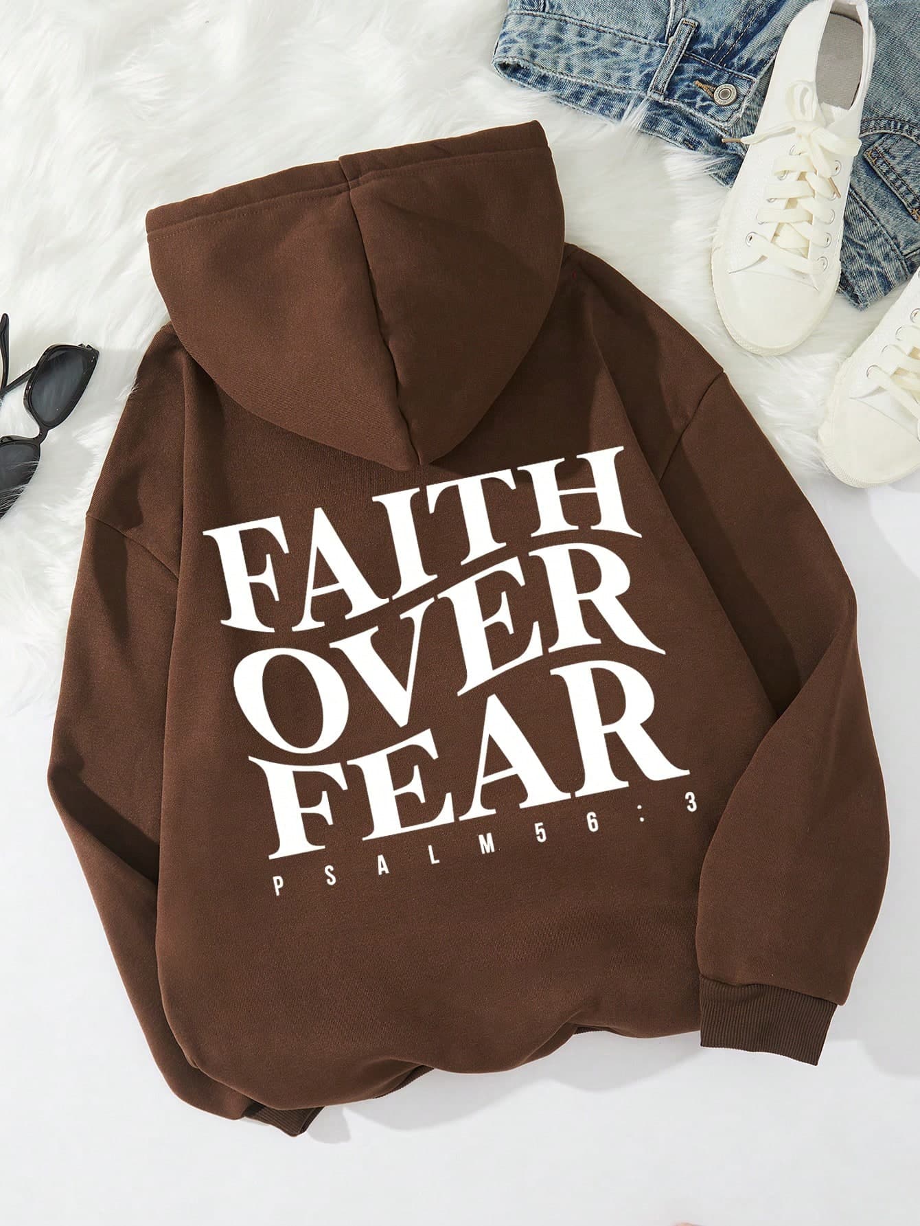 SHEIN EZwear Slogan Graphic Kangaroo Pocket Thermal Lined Hoodie FAITH OVER FEAR PSALM - Image 1