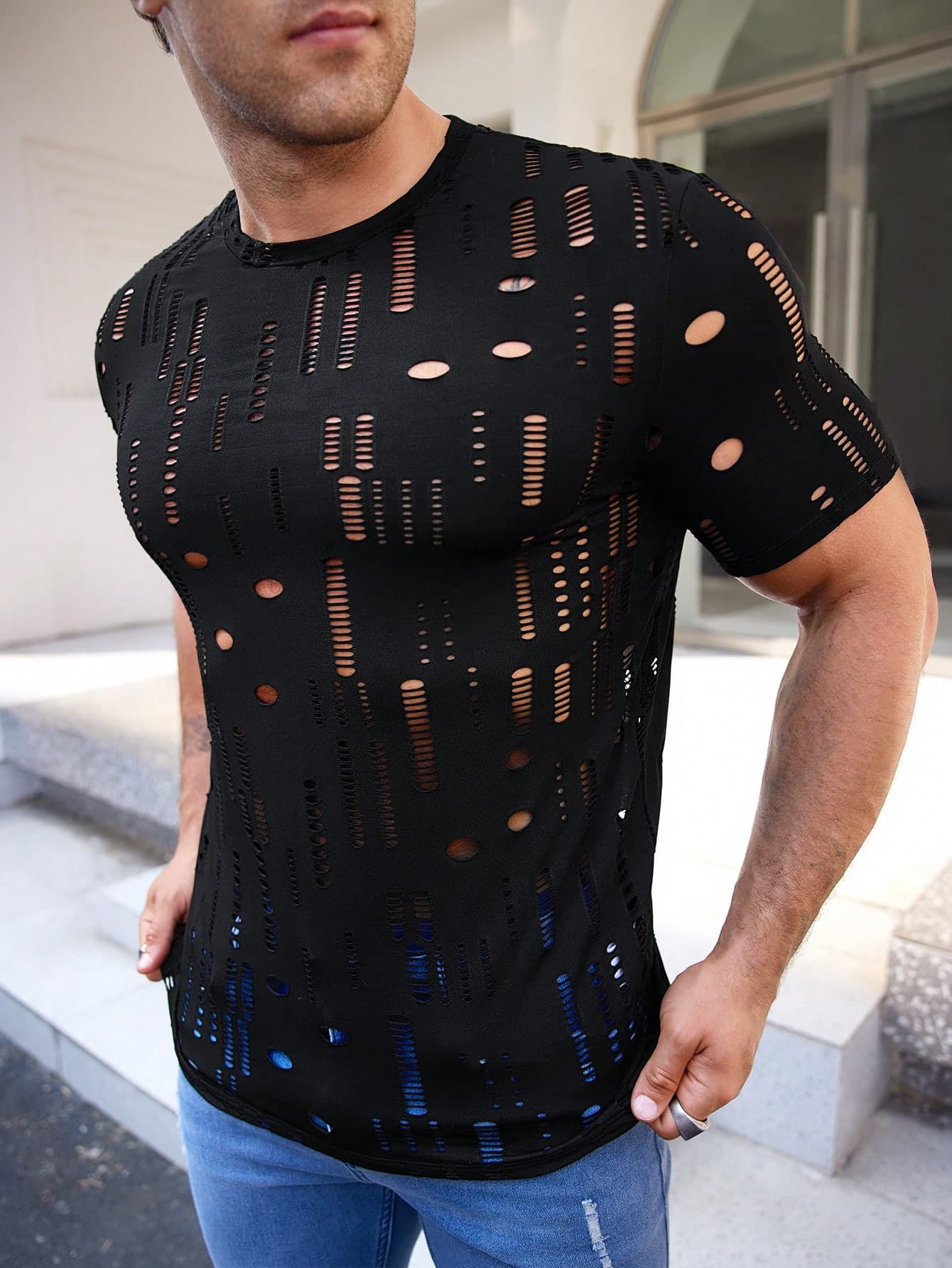 Manfinity Vacaylife Men's Hollow Out Round Neck T-shirt - Image 1