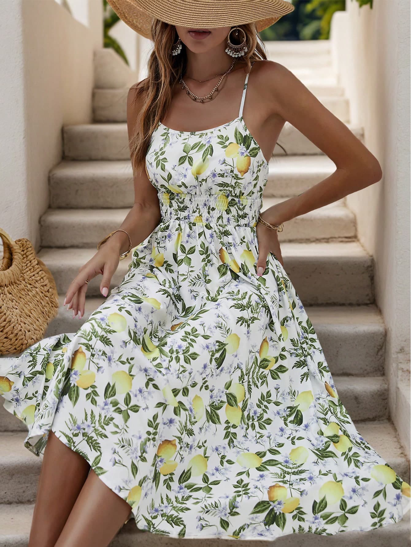 SHEIN VCAY Lemon Pattern Print Waist Flounce Cami Dress - Image 1