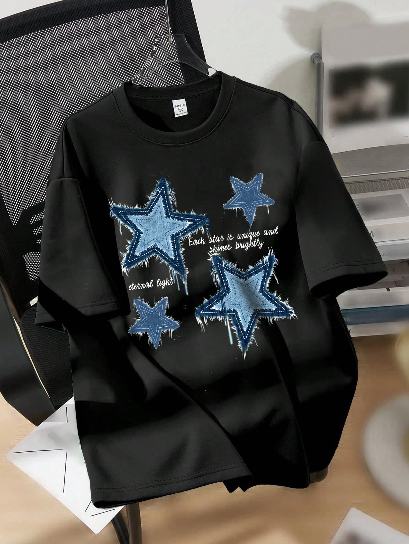 SHEIN Comfortcana Oversized Casual Simple Blue Applique Star Pattern Black Round Neck Short Sleeve T-Shirt, Loose Fit, Suitable For Summer, Cotton Blend - Image 1