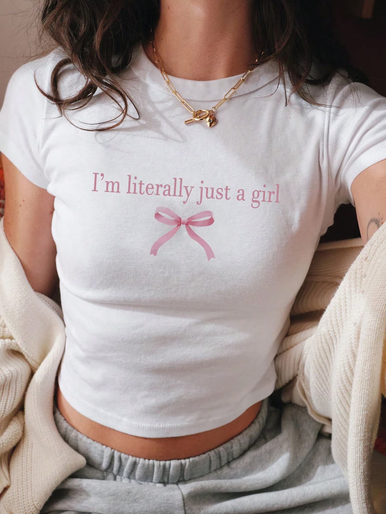 SHEIN EZwear Women Summer Slogan Bow Detail-Knot Print Round Neck Short Sleeve Casual T-Shirt I'm Literally Just A Girl - Image 1