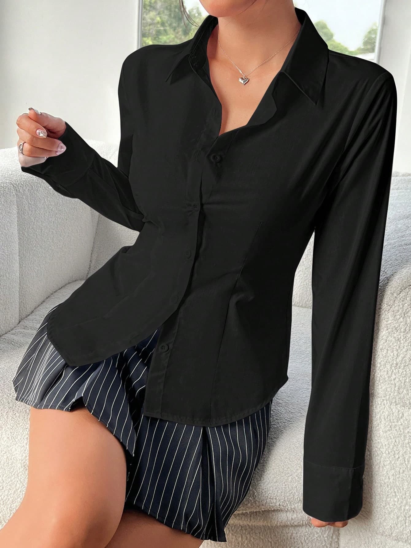 SHEIN EZwear Women Solid Color Long Sleeve Casual Shirt For Spring And Summer - Image 1