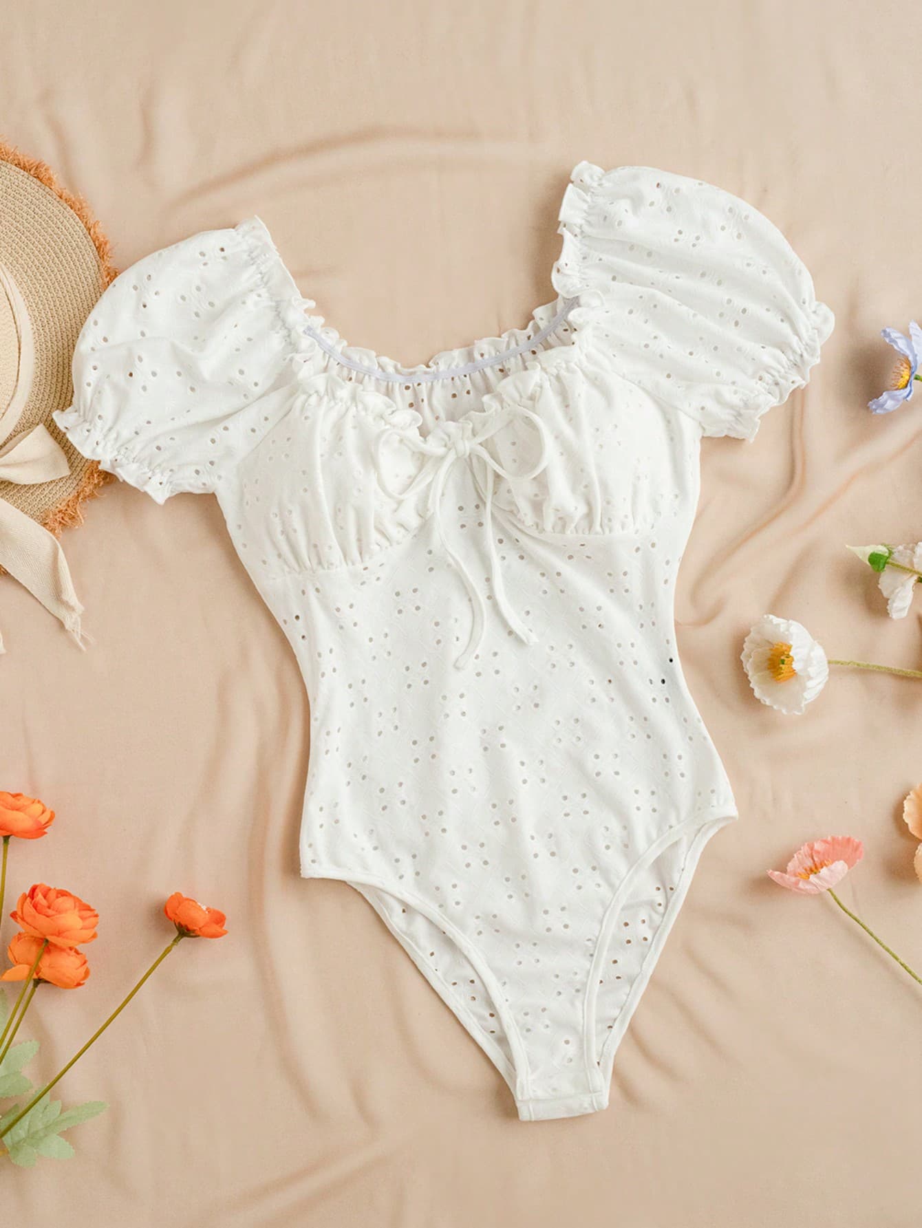 SHEIN WYWH Women Summer Short Sleeve Bodysuit With Ruffle Hem, Tie Straps, And Bow Decorated - Image 1