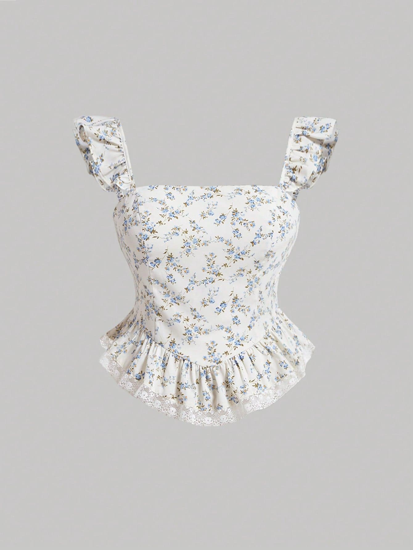 SHEIN MOD Blue And White Floral Printed Ruffle Hem Halter Top With Cross Back Tie - Image 1