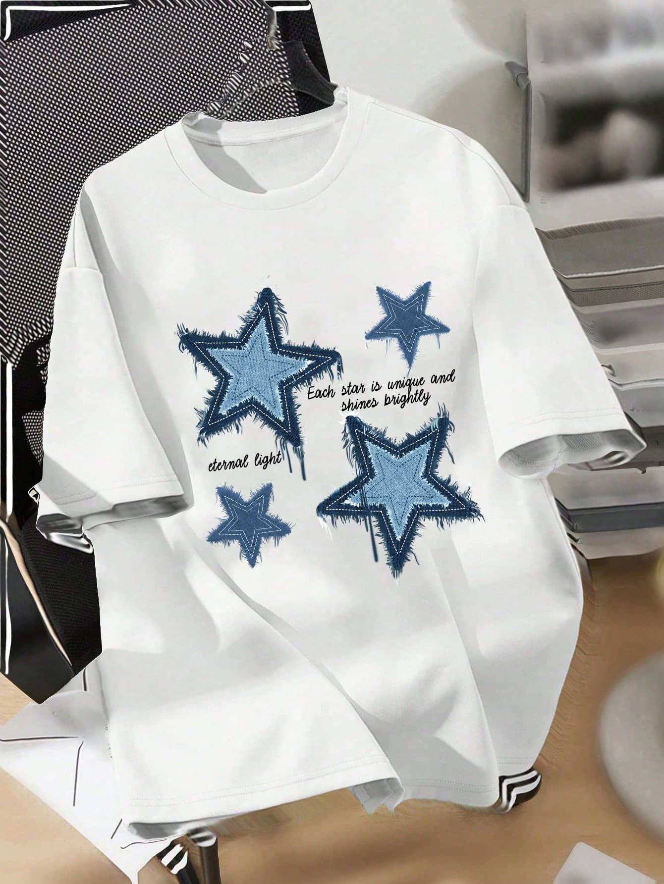 SHEIN Comfortcana Oversize Tshirts Casual Simple Star Graphic Round Neck Short Sleeve Loose Fit Women T-Shirt, Cotton Blend, Suitable For Summer - Image 1
