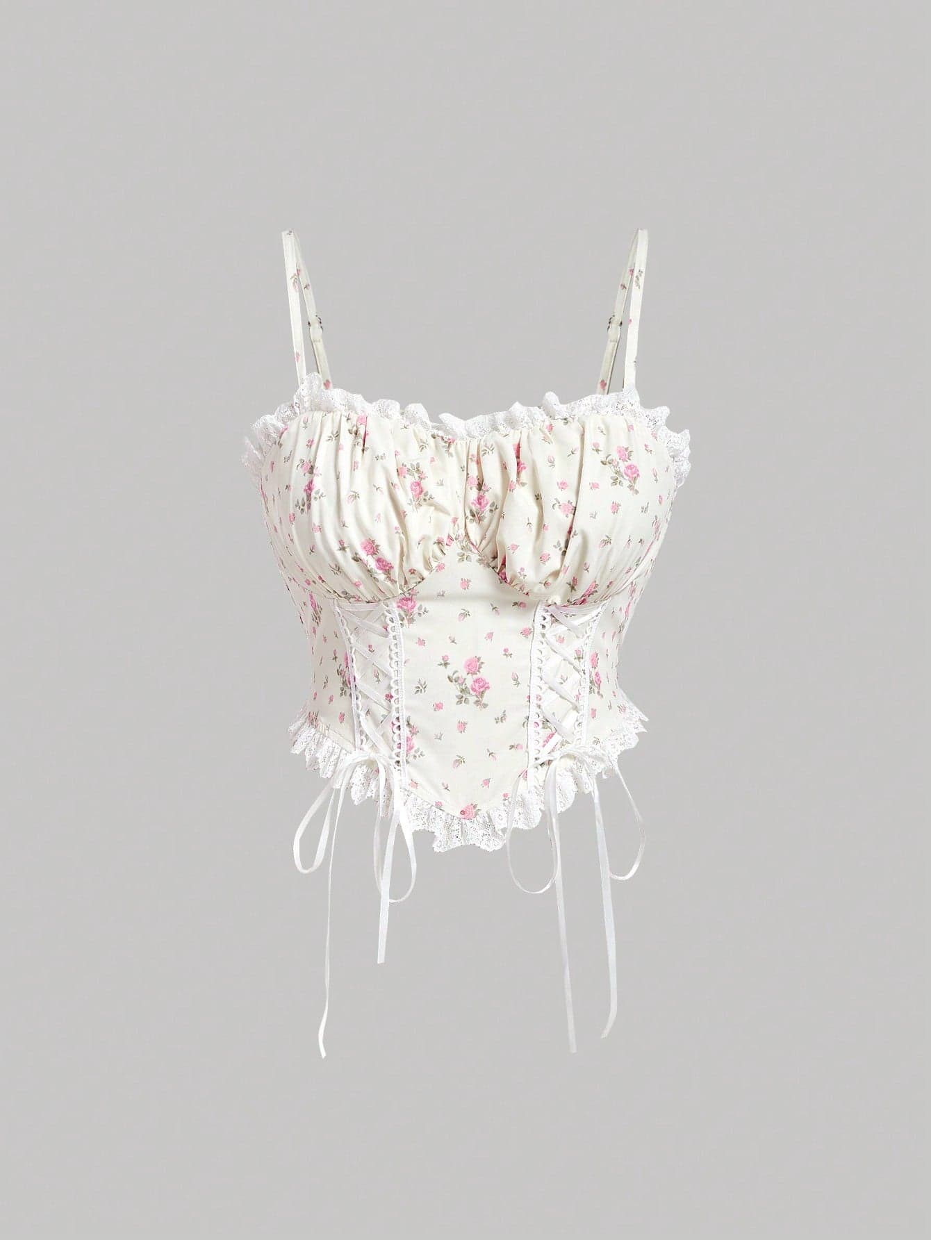 SHEIN MOD Plus Size Summer Ditsy Floral Camisole With Lace Trimmed Bowknot, Crop Top Style - Image 1