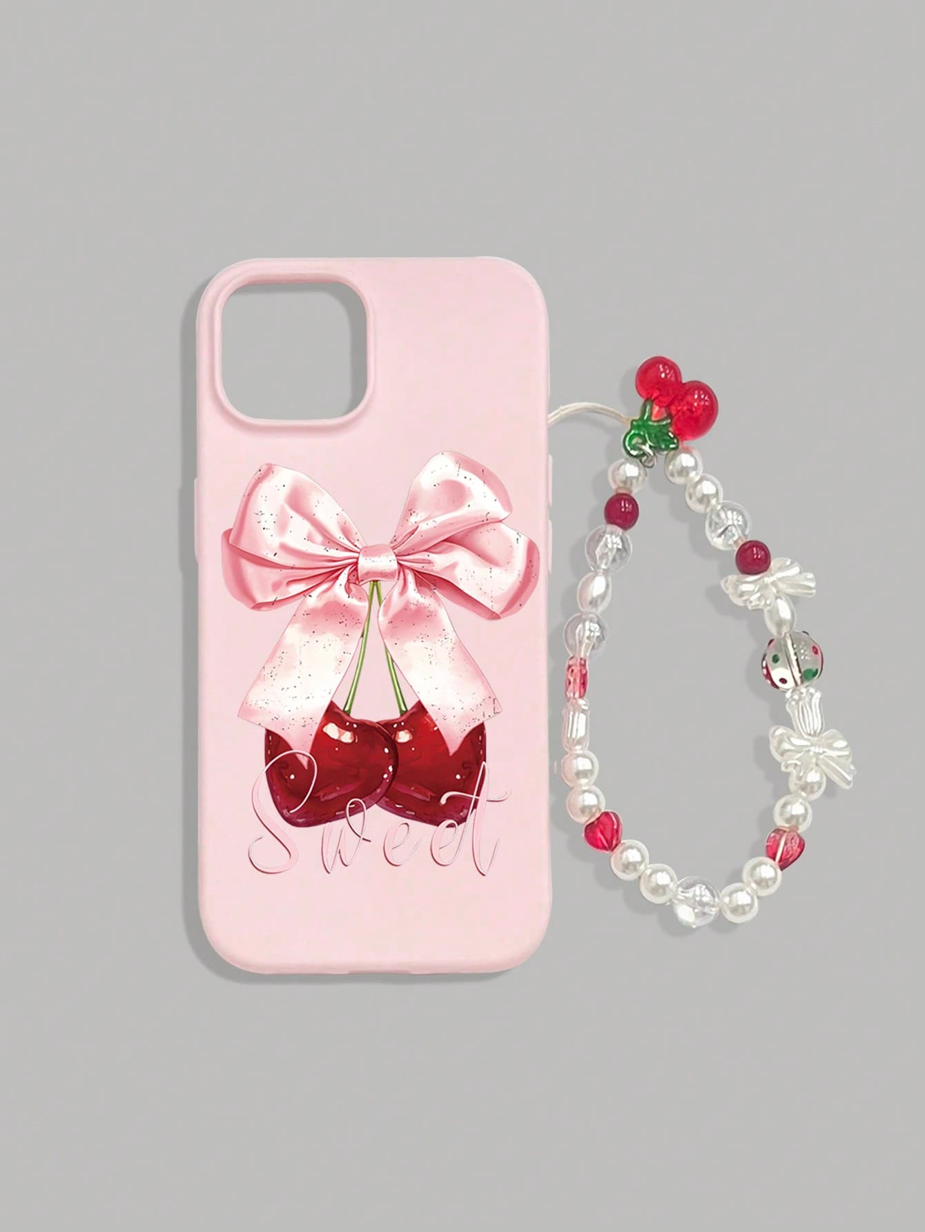 ROMWE Kawaii Sweet And Cool Girl Bowknot Cherry Patterned Phone Case With Hanging Chain, Silicon Protective Cover Compatible With IPhone 12, 13,14 Series And Other Phone Cases - Image 1