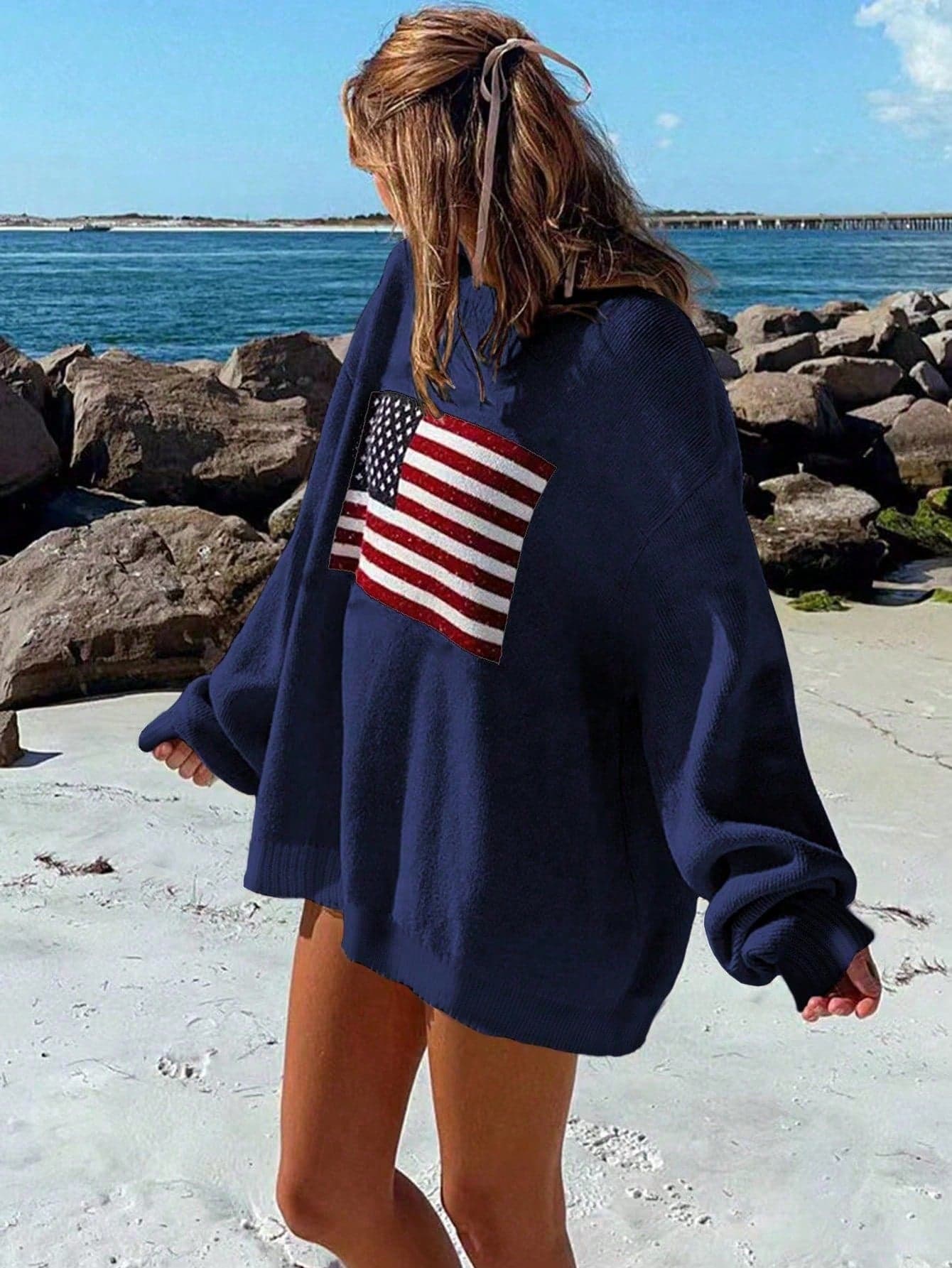 SHEIN Essnce Flag Pattern Drop Shoulder Long Sleeve Sweater - Image 1
