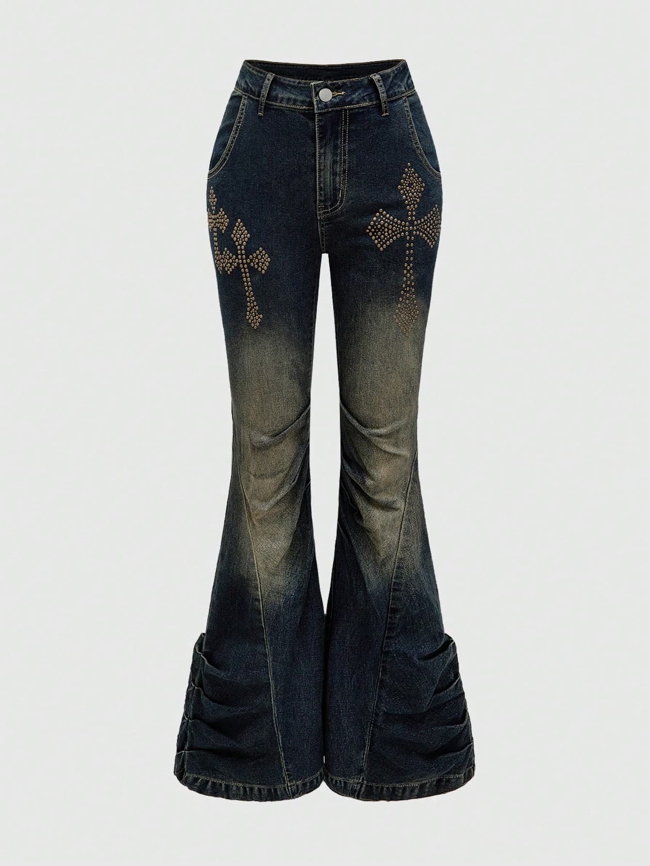ROMWE Grunge Punk Shibuya Girl Subculture Millennium Retro Cross Metal Studs Slim Fit Ruched Distressed Women's Flared Jeans, School - Image 1