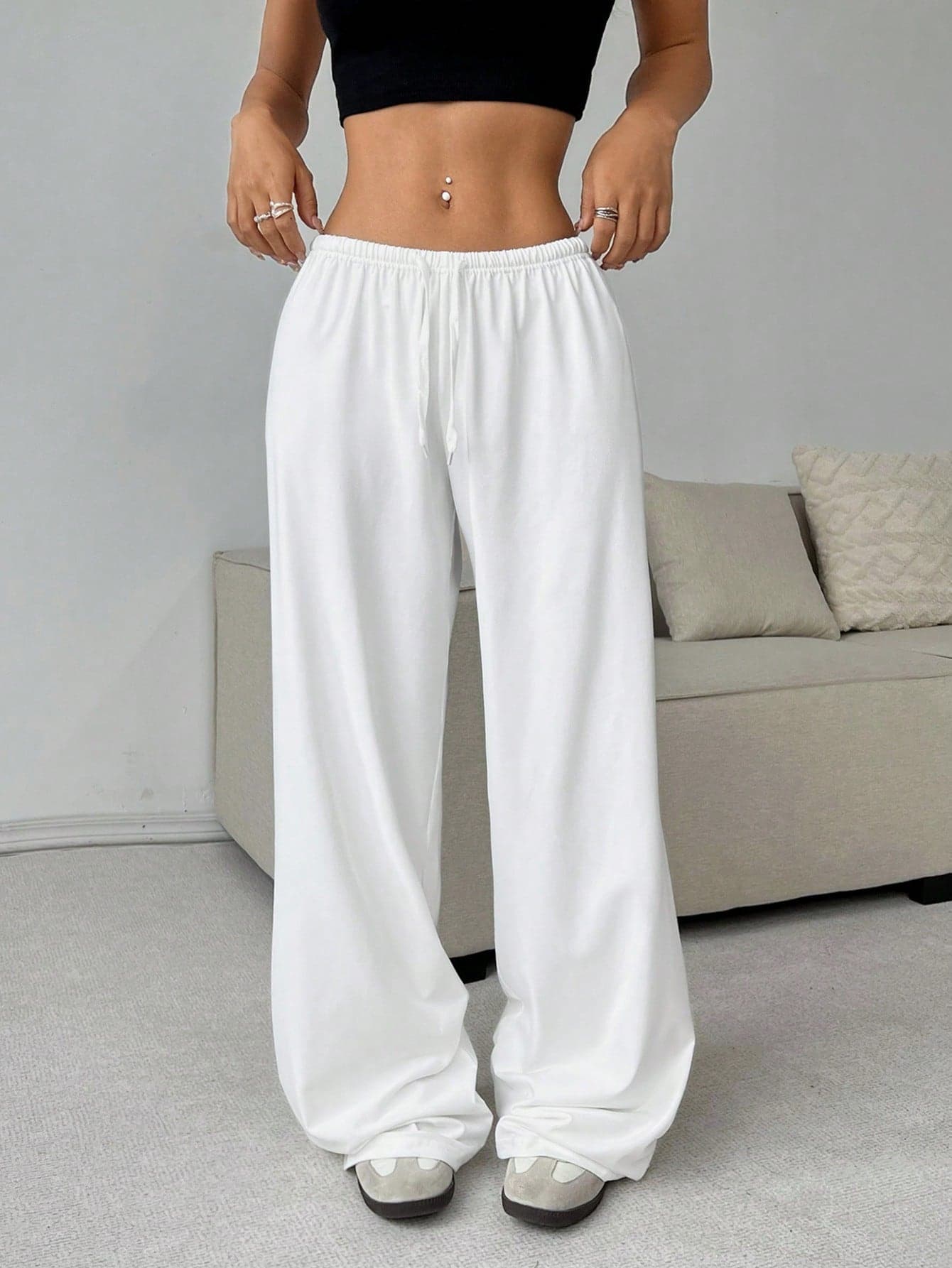 SHEIN EZwear Soft White Knitted Home Baggy Pants, Loose Pant - Image 1