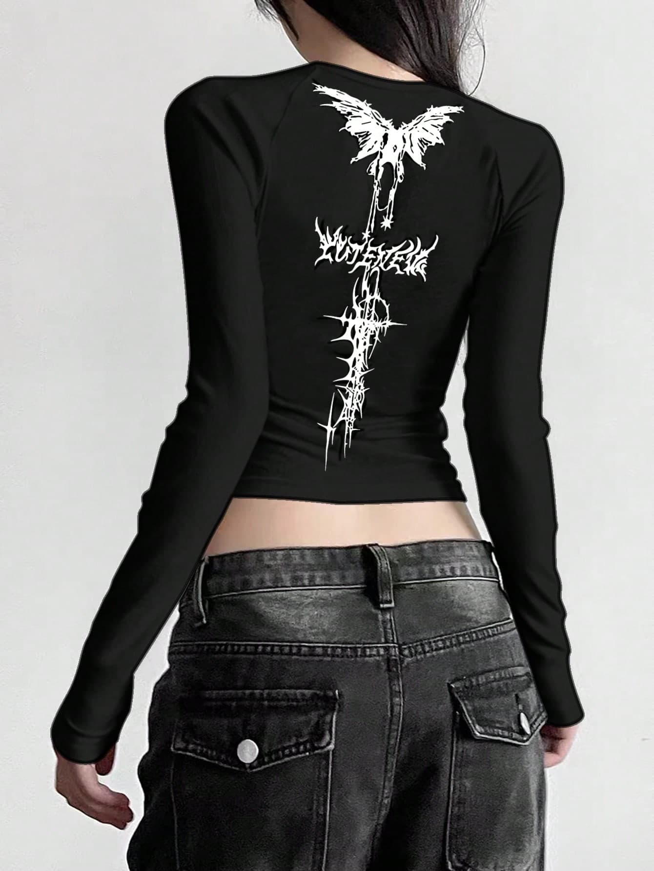 SHEIN EZwear Women Gothic Letter Print Round Neck Black Raglan Sleeve Long Sleeve Crop Top T-Shirt, Spring Summer - Image 1
