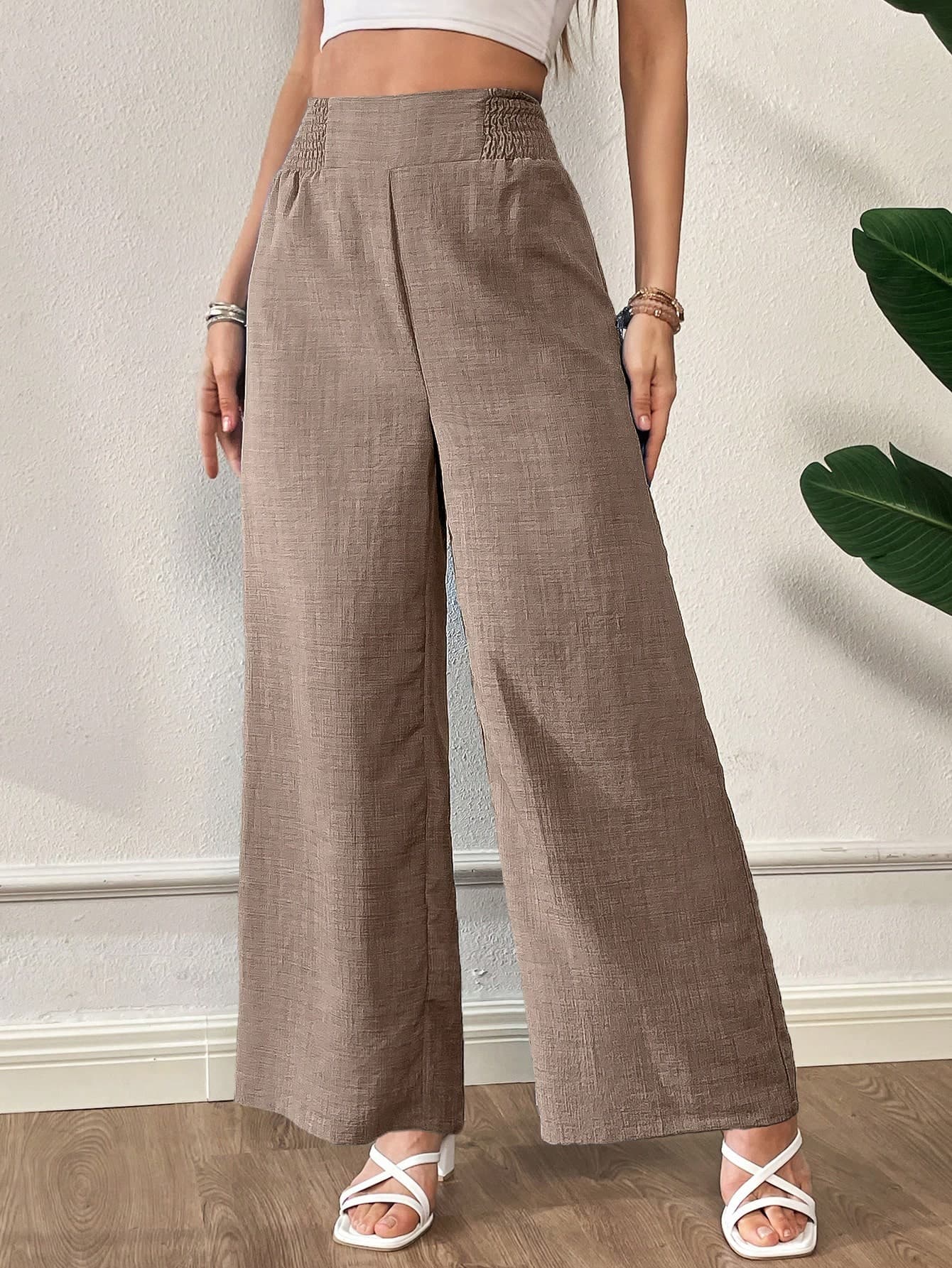 SHEIN Essnce Women's Casual Solid Color Wide Leg Pants For Summer Beach Vacation - Image 1