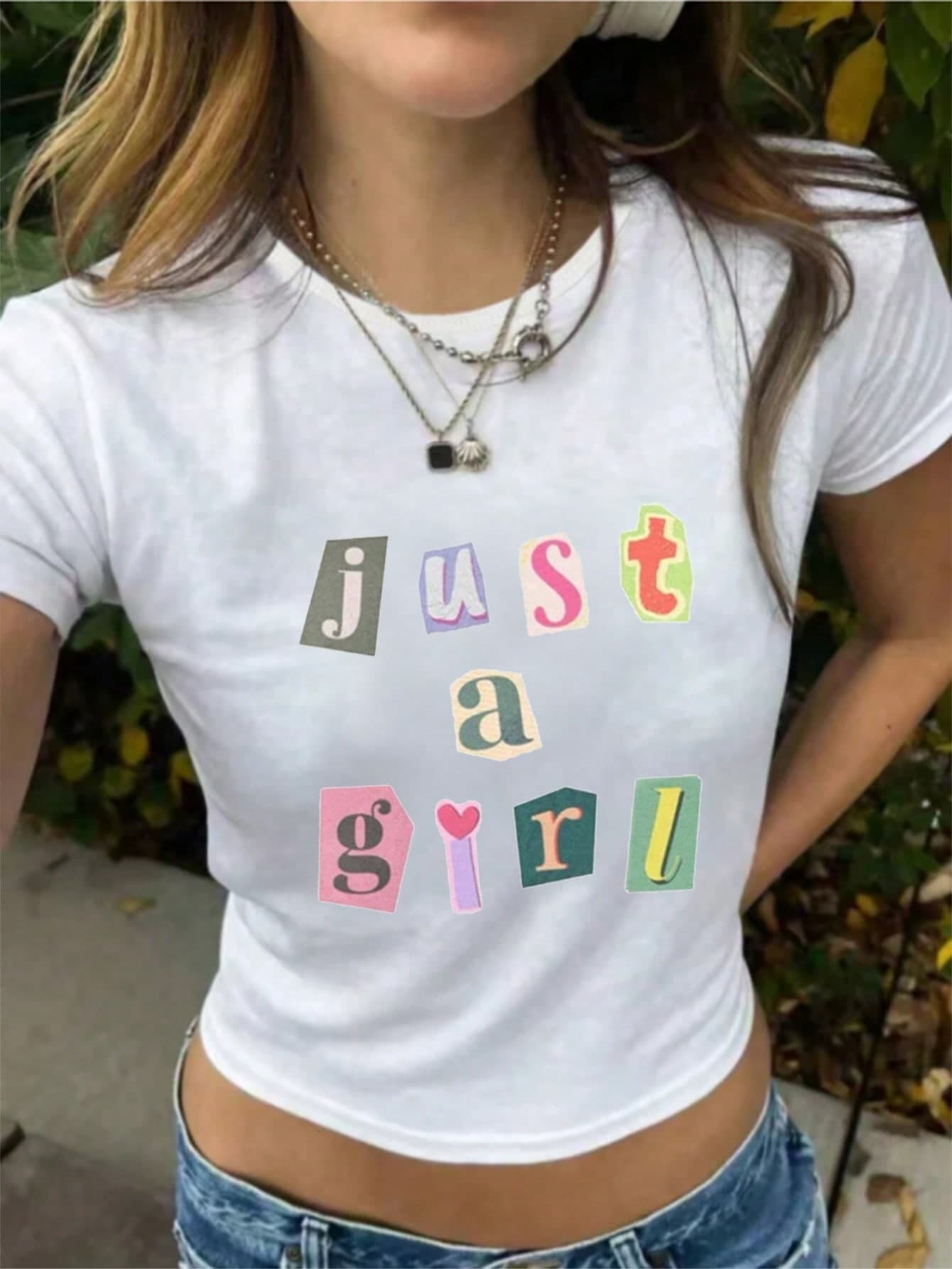 Summer Tween Girl Simple Colorful Letter Printed Round Neck Short T-Shirt - Image 1