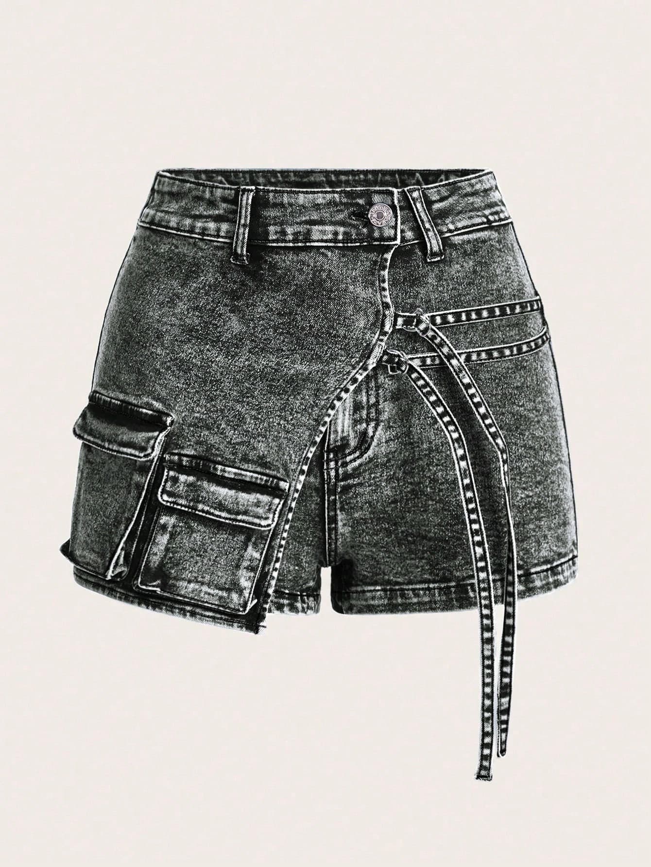 SHEIN ICON Flap Pocket Buckle Detail Denim Shorts - Image 1
