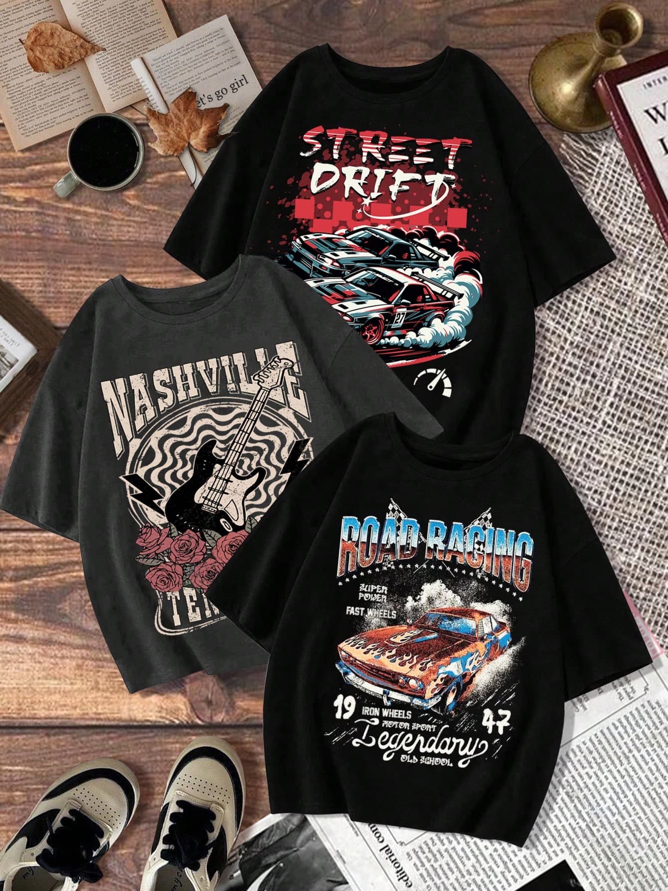 SHEIN EZwear 3pcs/Set Street Fashion Racing Music Festival Plus Size Round Neck Short Sleeve T-Shirt - Image 1