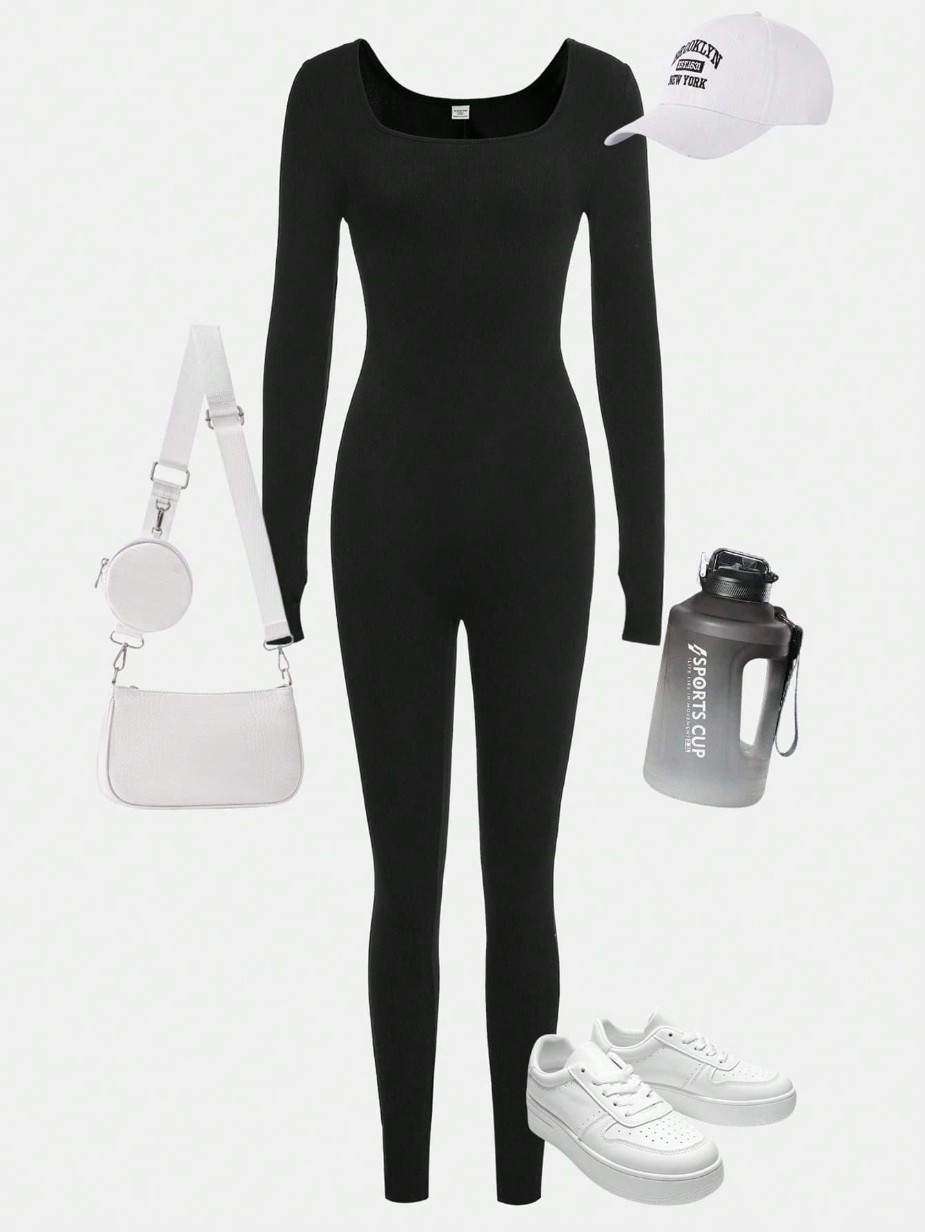SHEIN Teen Girls' Black Solid U-Neck Long Sleeve Thumb Hole Casual Sports Jumpsuit - Image 1