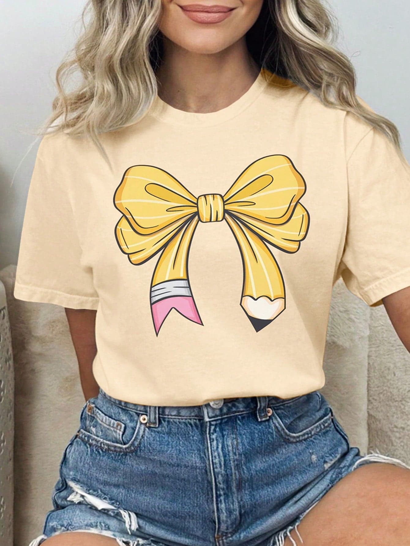 SHEIN LUNE Women's Summer Bow Print Round Neck Short Sleeve Casual T-Shirt - Image 1